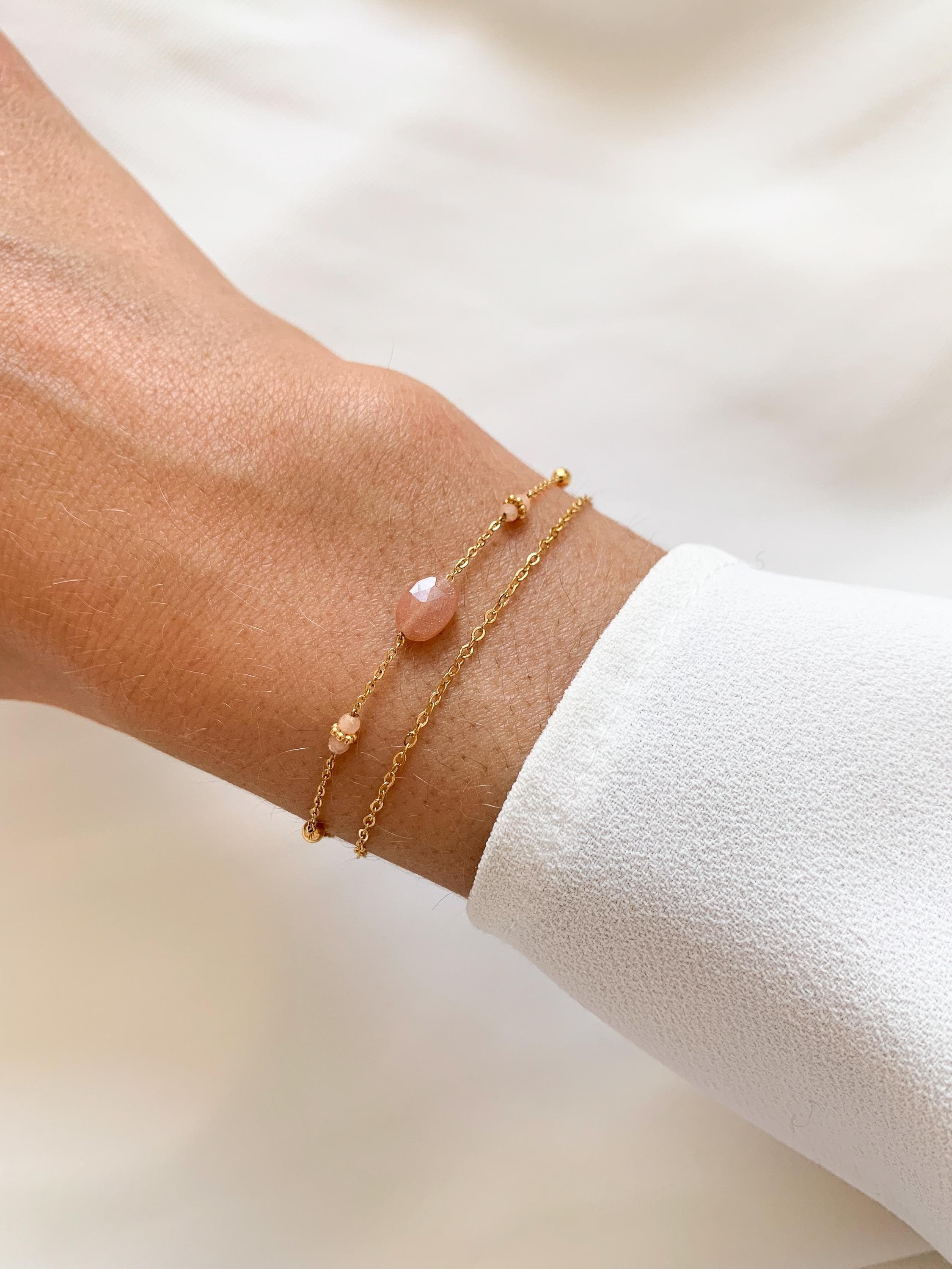 Bracelet acier inoxydable pierre naturelle quartz rose / Bracelet double chaine fine perle ovale rose pale