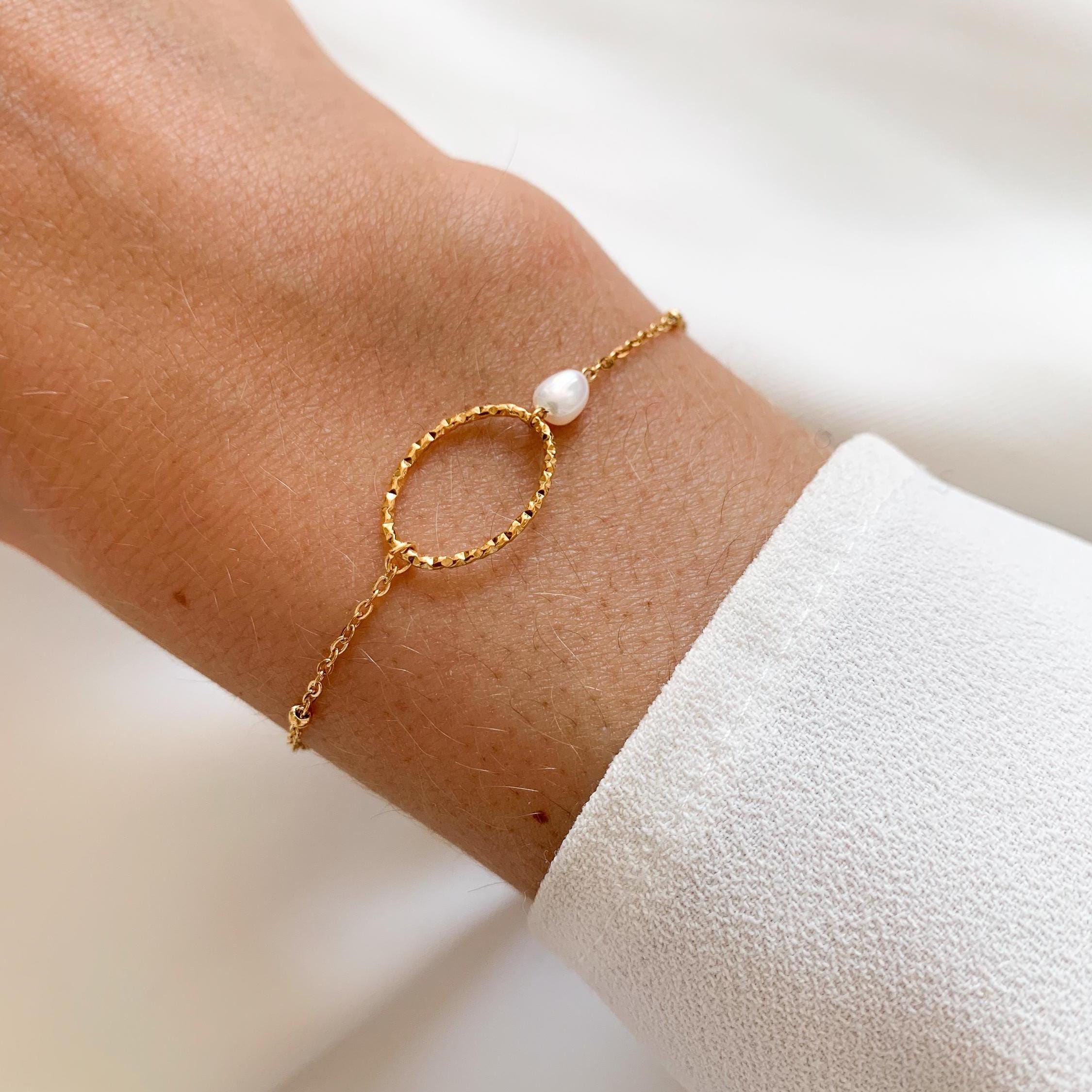 Bracelet acier inoxydable pierre naturelle verte serpentine / Bracelet anneau ovale doré chaine fine perle verte