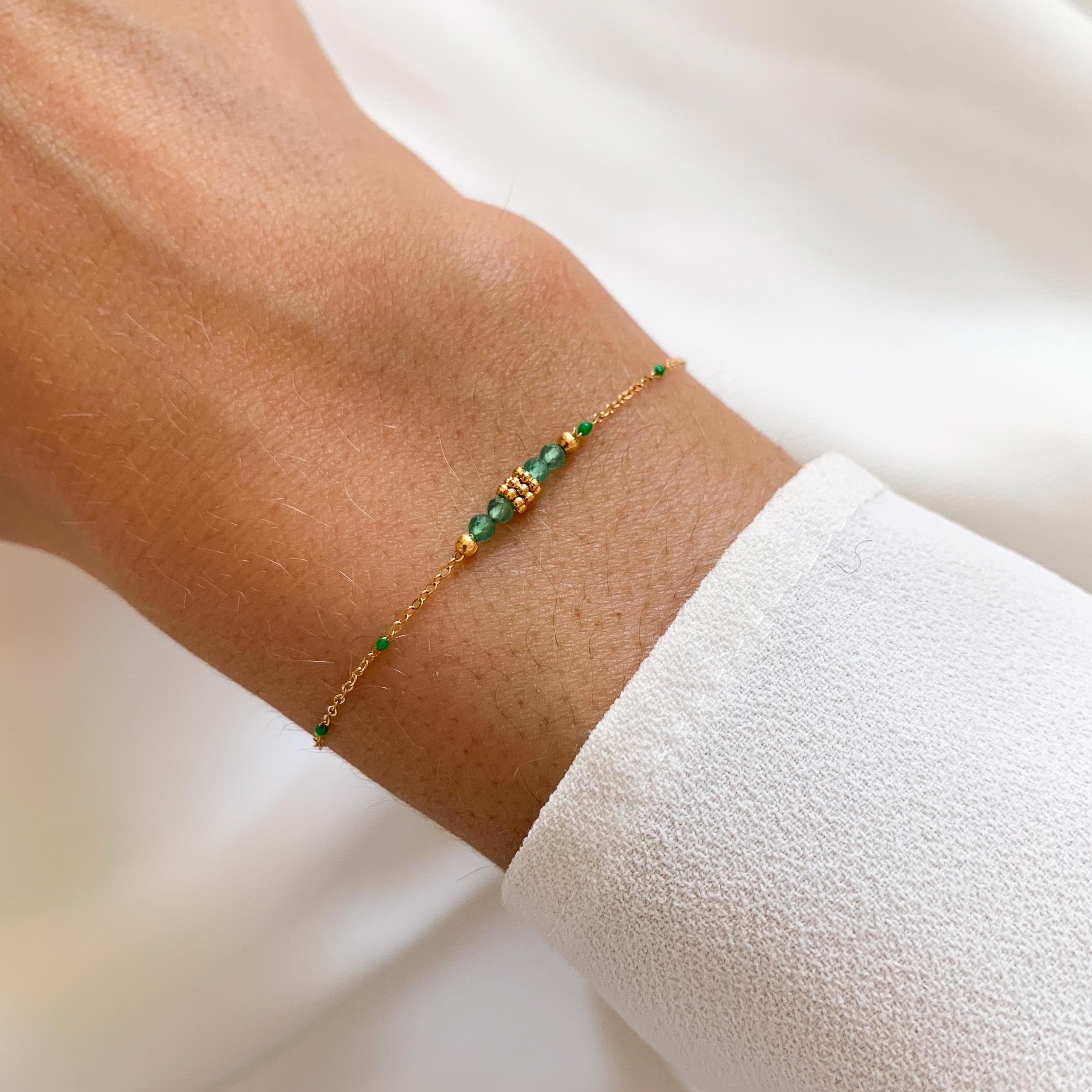Bracelet acier inoxydable perles vertes / Bracelet chaine fine perles vertes