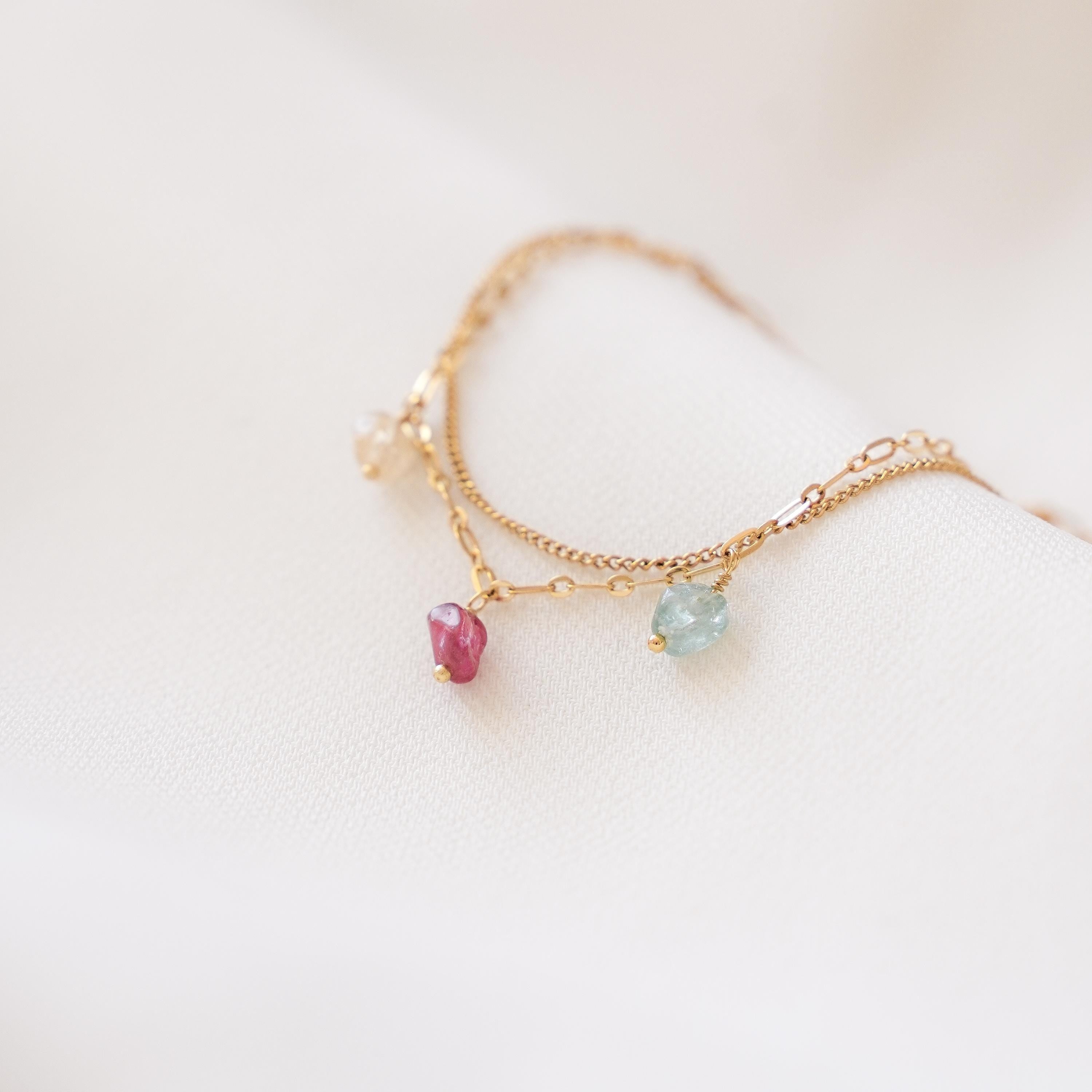 Bracelet double pierre tourmaline rose verte / bracelet femme fin perles roses vertes pendentif