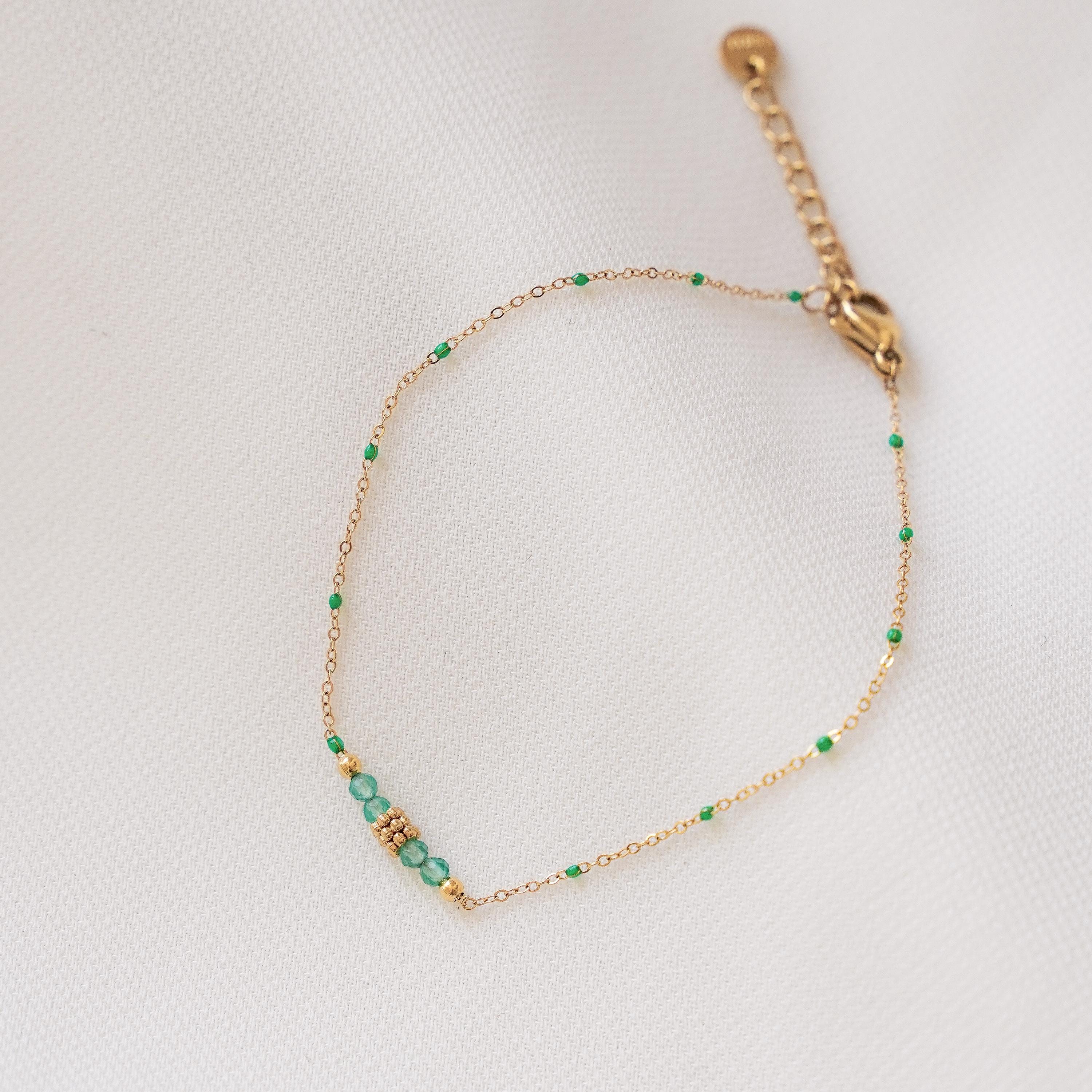 Bracelet acier inoxydable perles vertes / Bracelet chaine fine perles vertes
