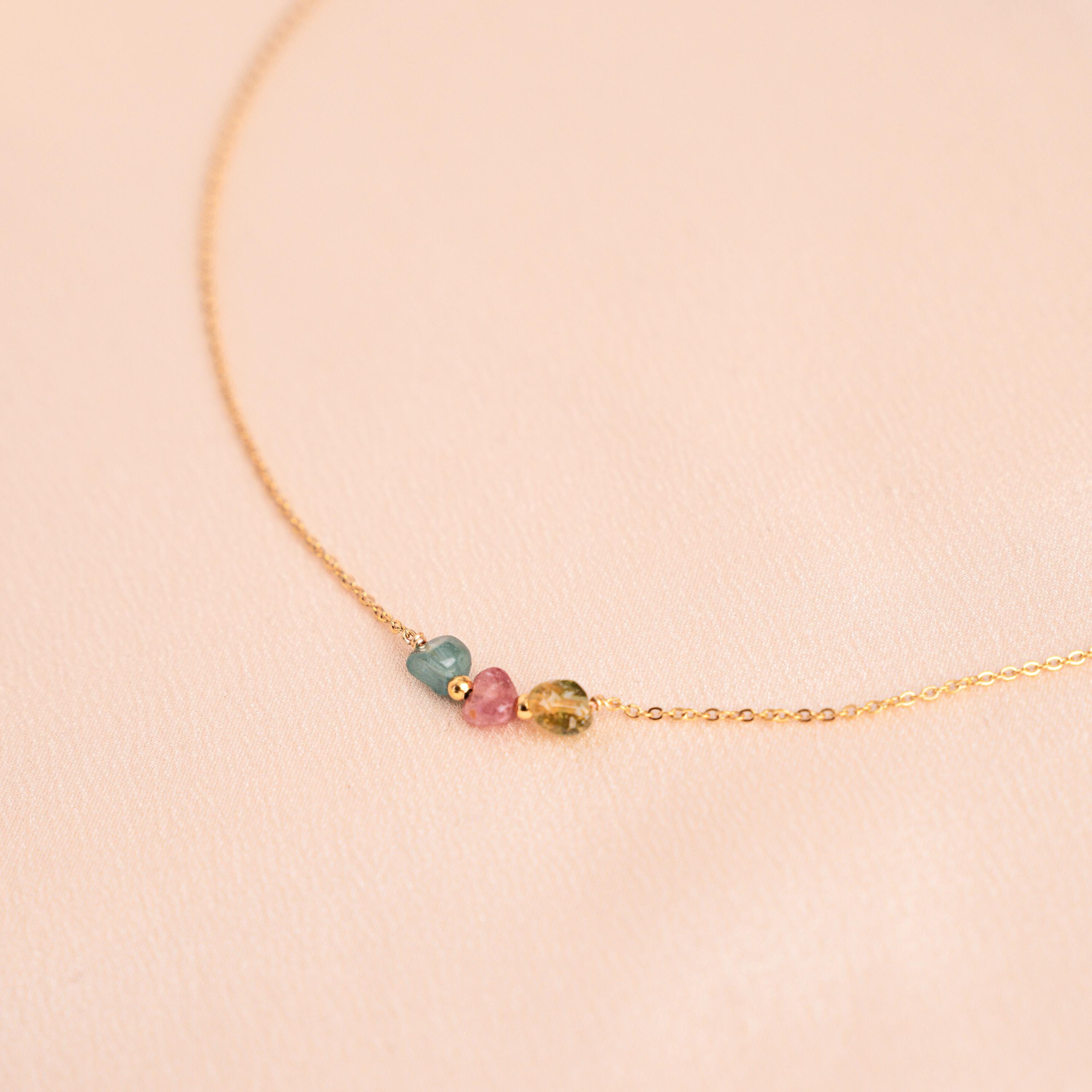 Collier tourmaline pierre naturelle et acier inoxydable / Collier fin minimaliste pierres colorées