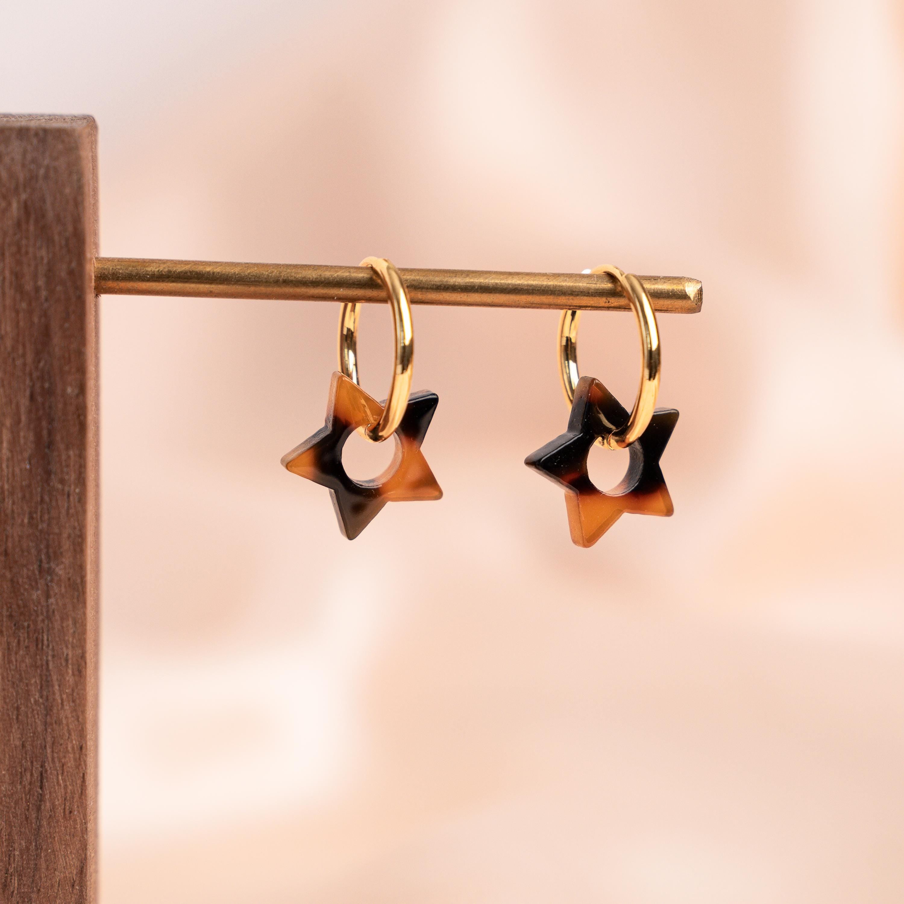 Petites créoles acier inoxydable étoile marron / Boucles d'oreilles anneau pendentif étoile ambrée