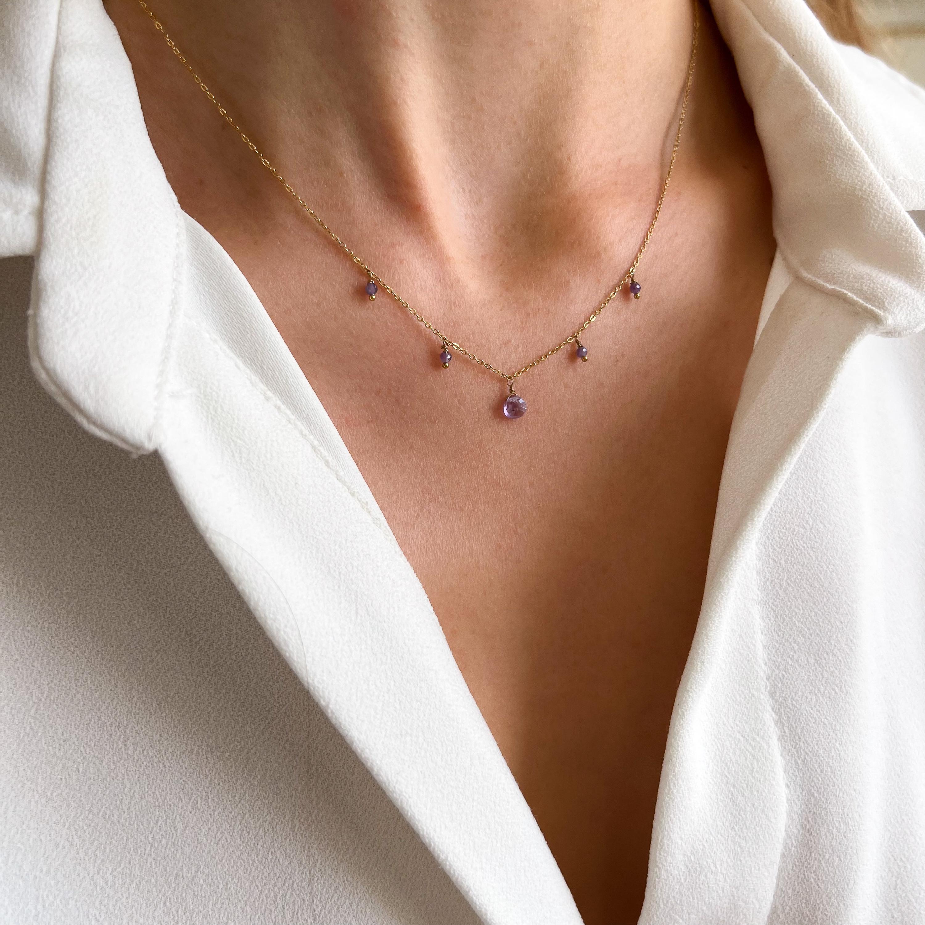 Collier acier inoxydable pierre Améthyste violet / Collier femme pendentif pierre semi précieuse