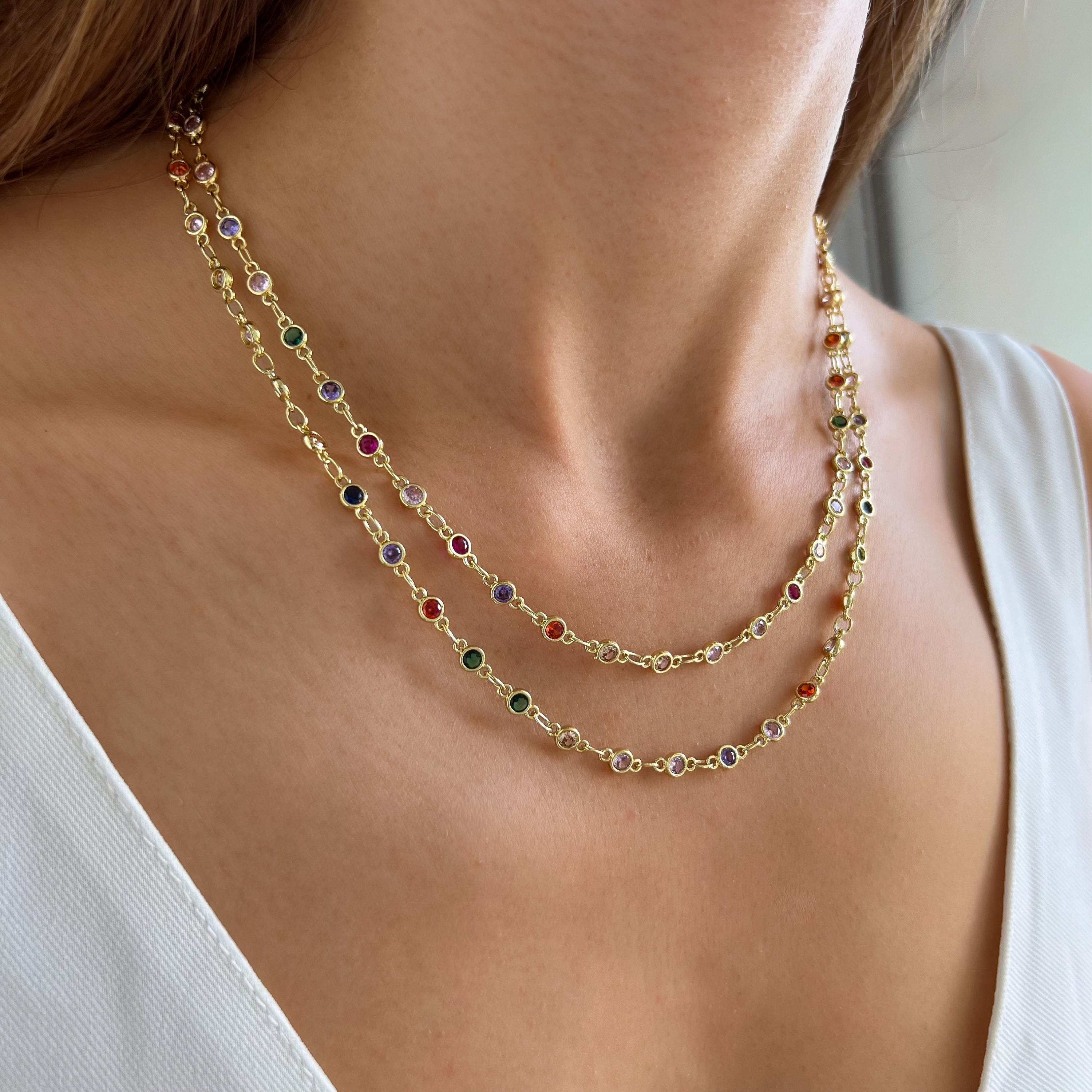 Collier double rang pierres multicolores / Collier femme acier inoxydable