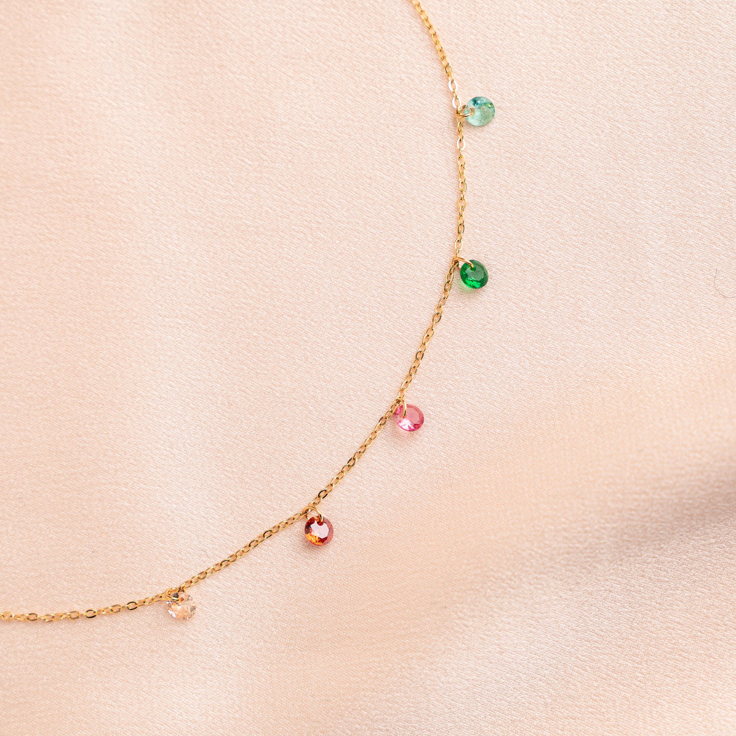 Collier acier inoxydable oxydes de zirconium colorés / Collier femme pendentif perles multicolores
