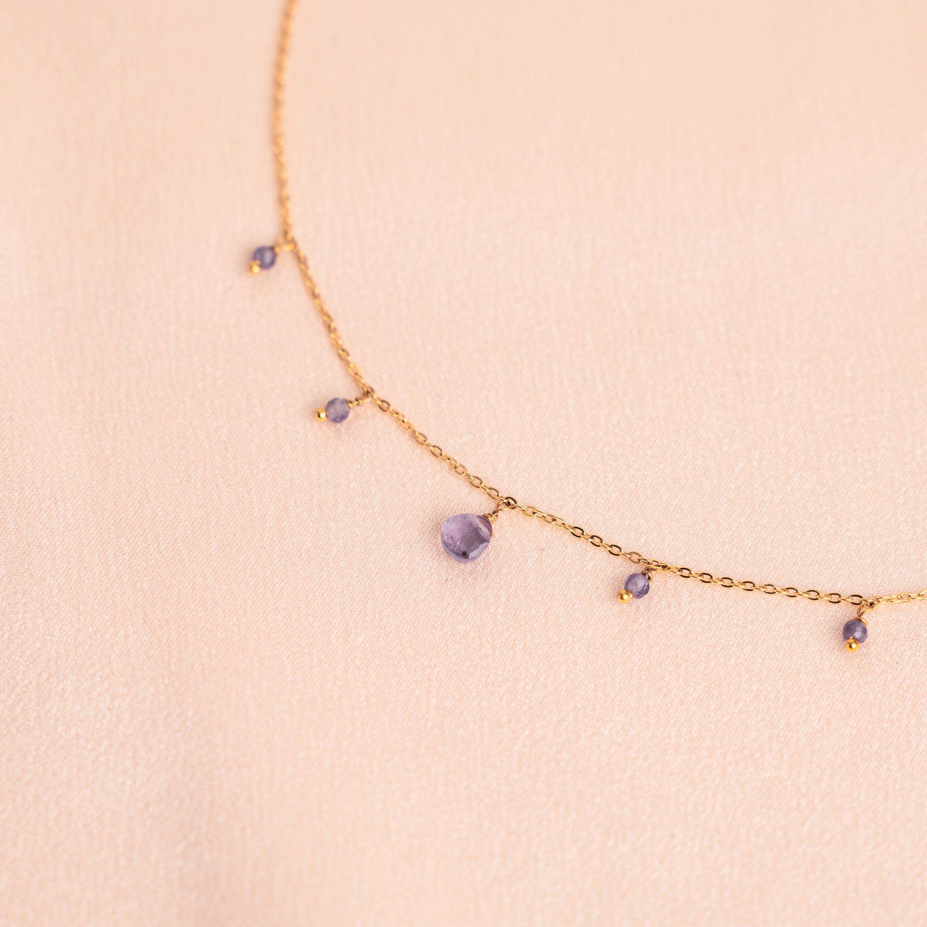 Collier acier inoxydable pierre Améthyste violet / Collier femme pendentif pierre semi précieuse