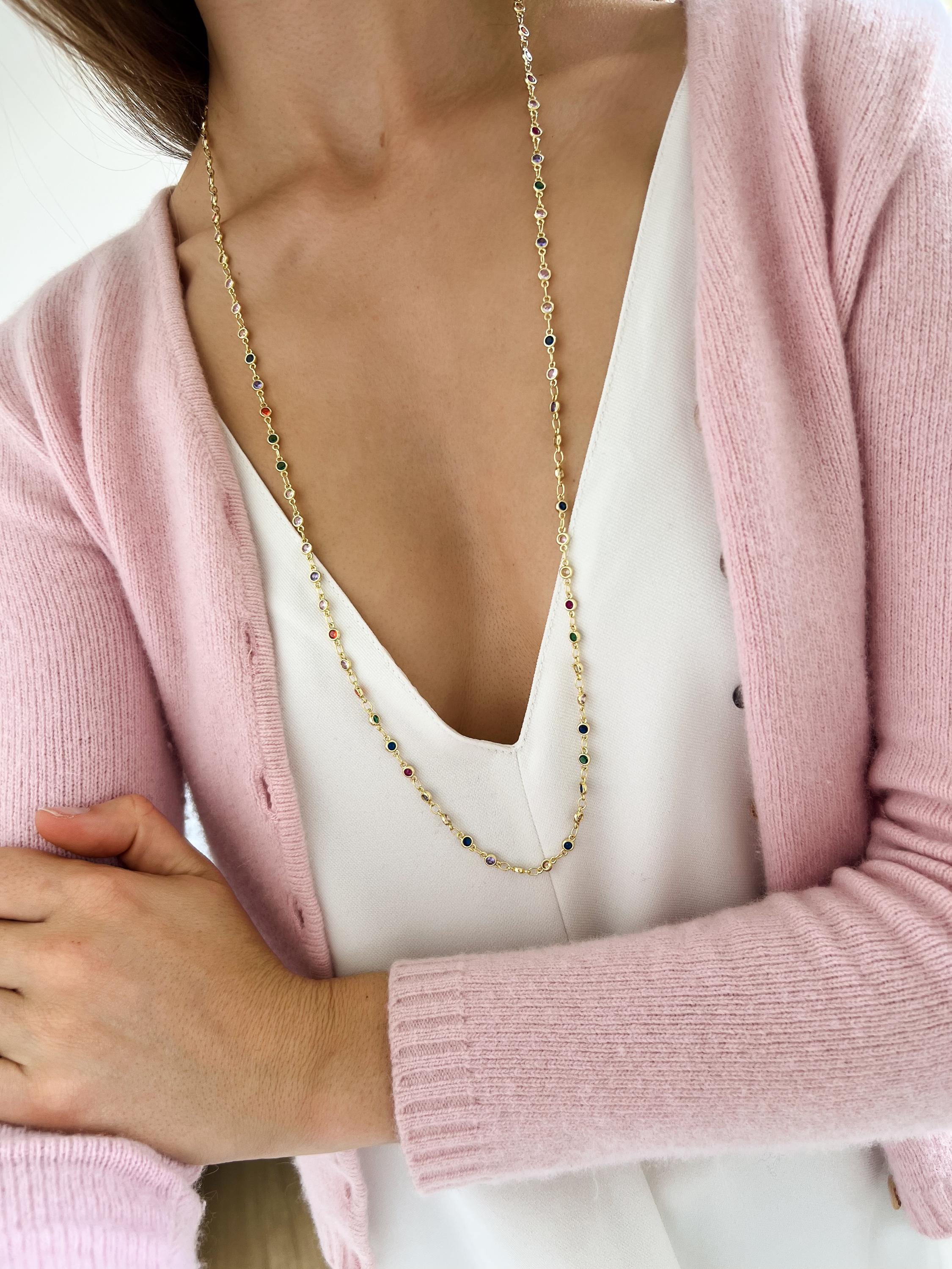 Collier double rang pierres multicolores / Collier femme acier inoxydable