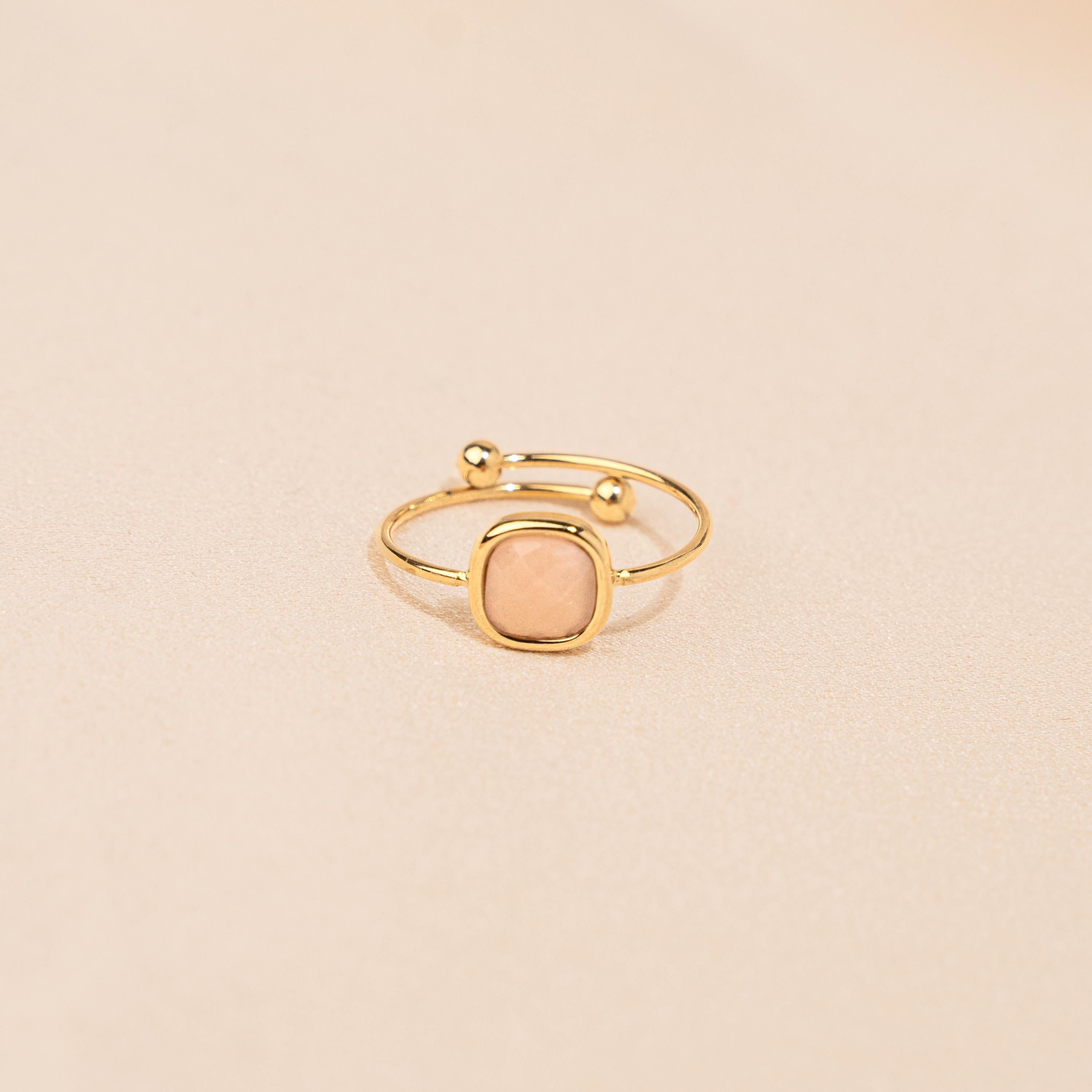 Bague femme en acier inoxydable pierre carrée quartz rose / Bague fine dorée pierre rose