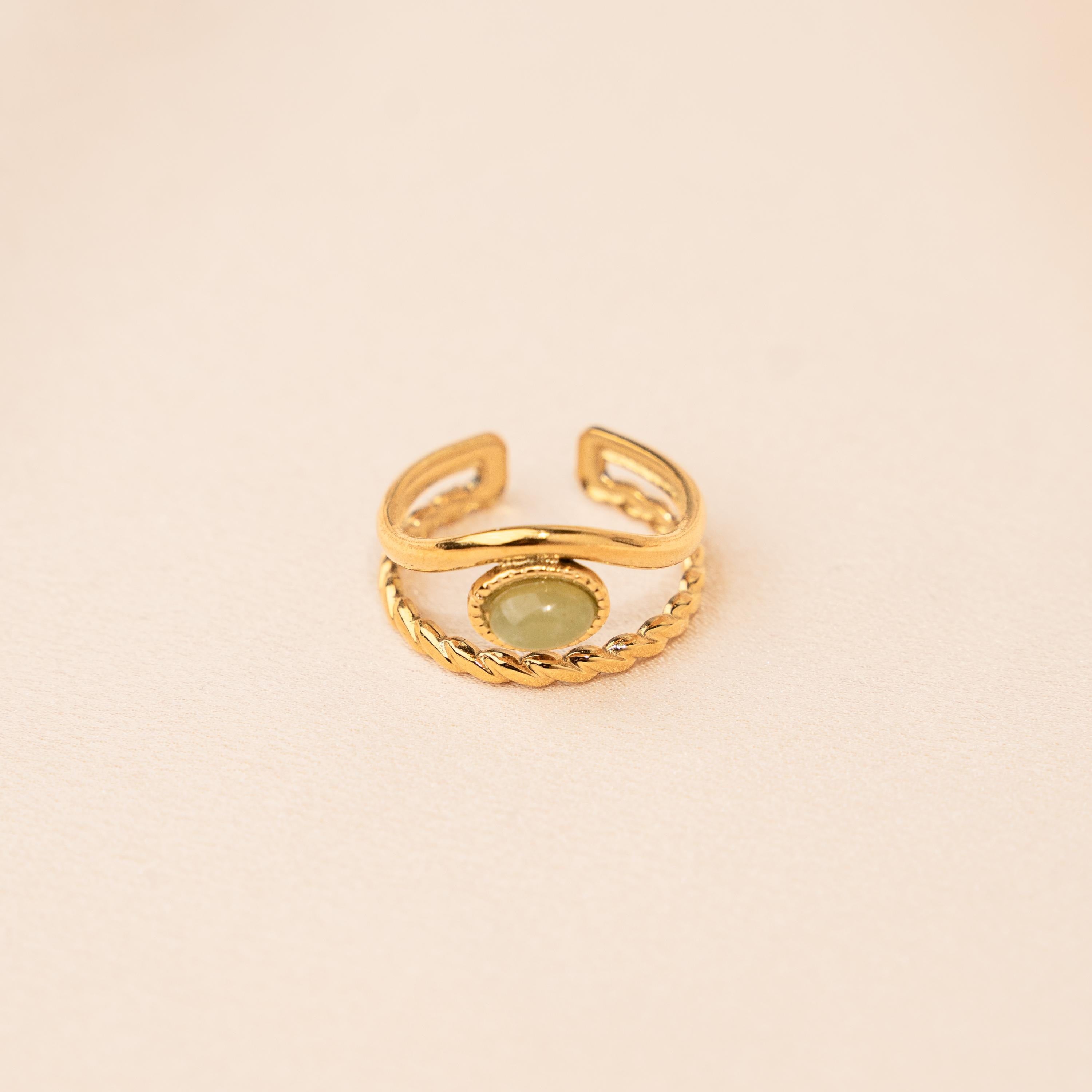 Bague femme acier inoxydable pierre naturelle ovale agate verte / bague double réglable dorée water resistant