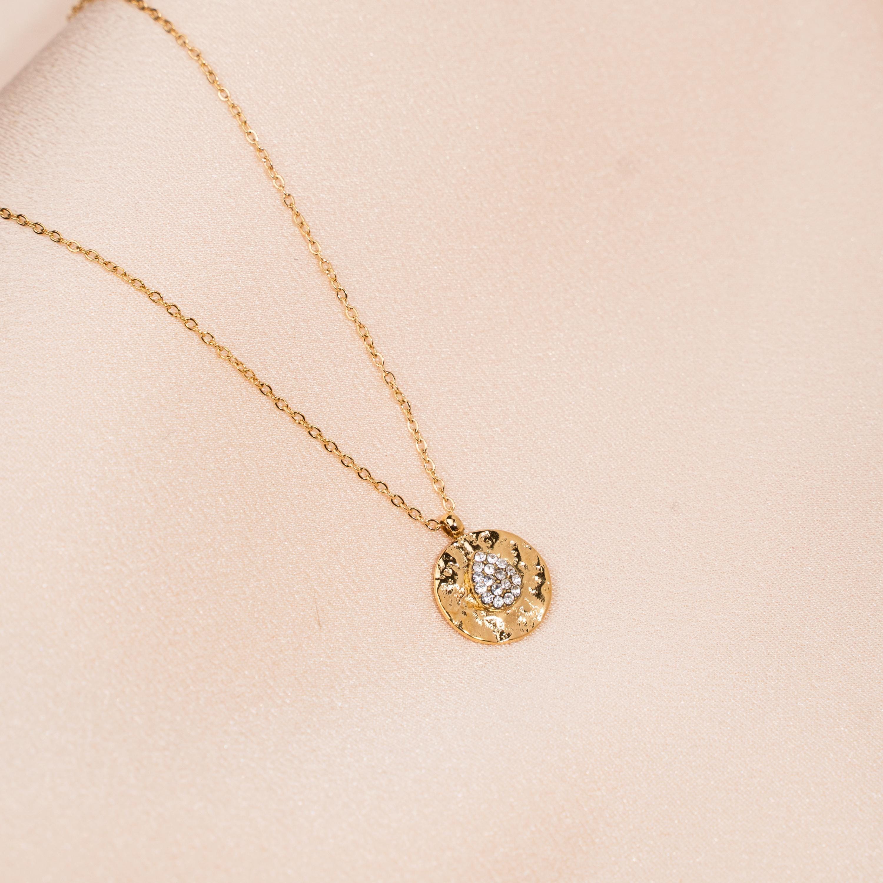 Collier fin pendentif rond martelé goutte oxyde de zirconium / Collier femme minimaliste chaine acier inoxydable / Cadeau femme