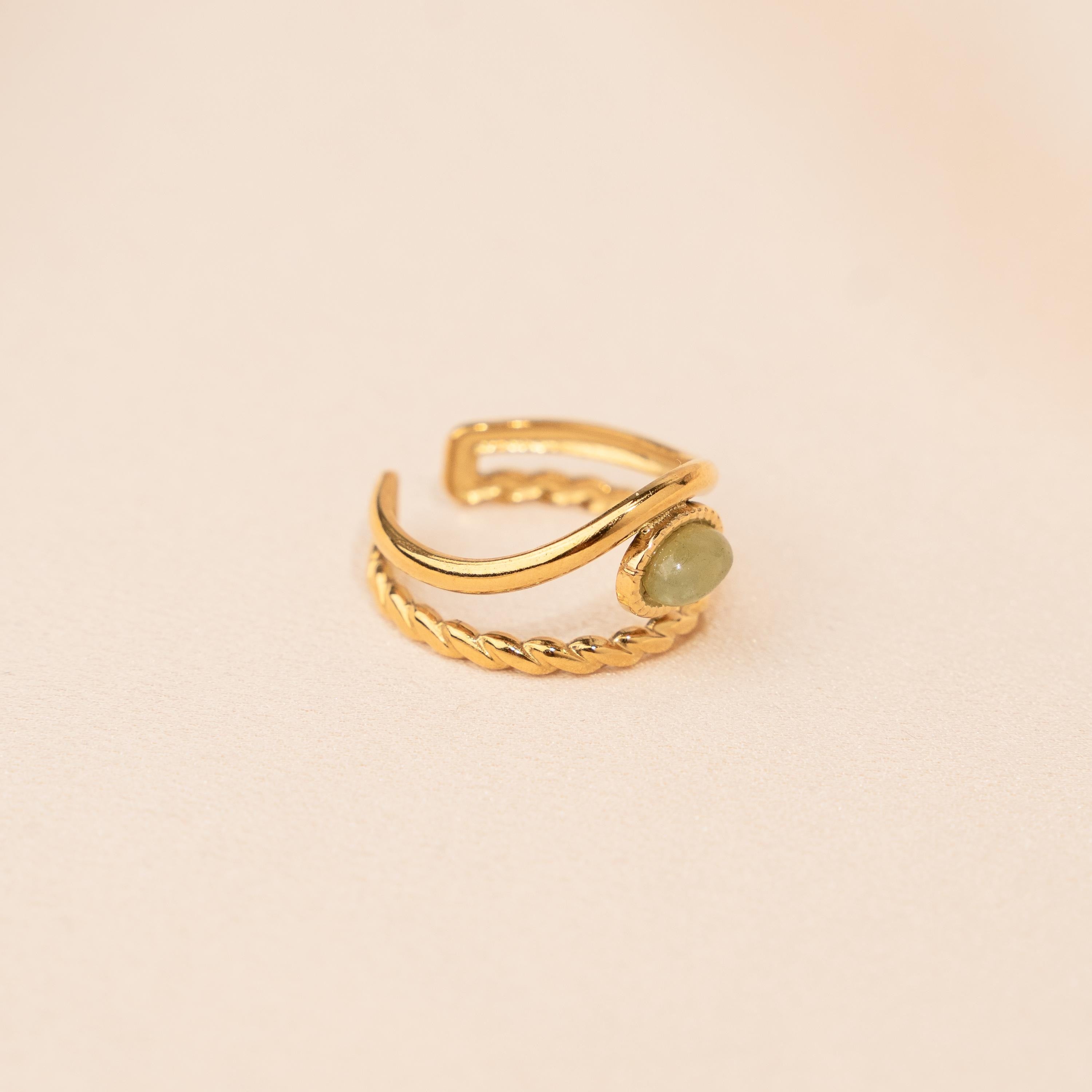 Bague femme acier inoxydable pierre naturelle ovale agate verte / bague double réglable dorée water resistant