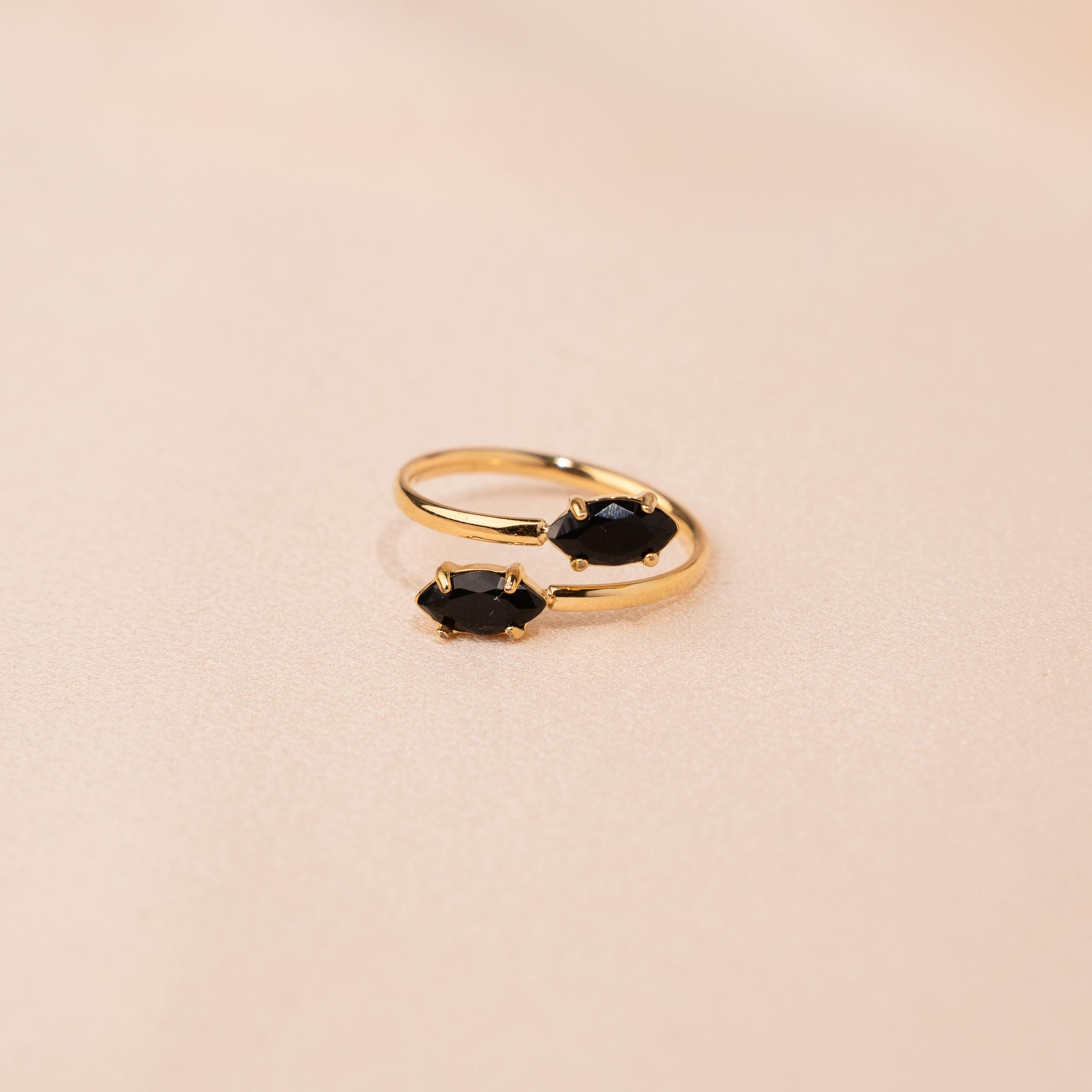Bague femme acier inoxydable pierre noire / Bague fine réglable / Bague pierre marquise ajustable