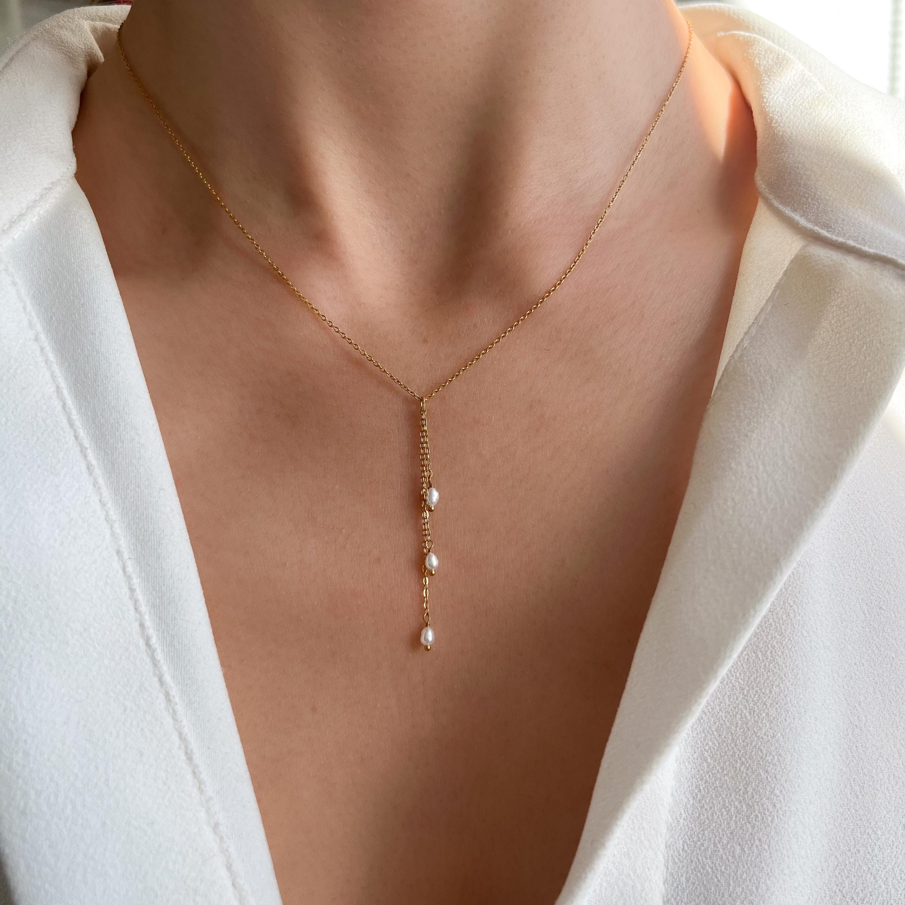 Collier femme long en acier inoxydable perles d'eau douce / Collier en Y lasso