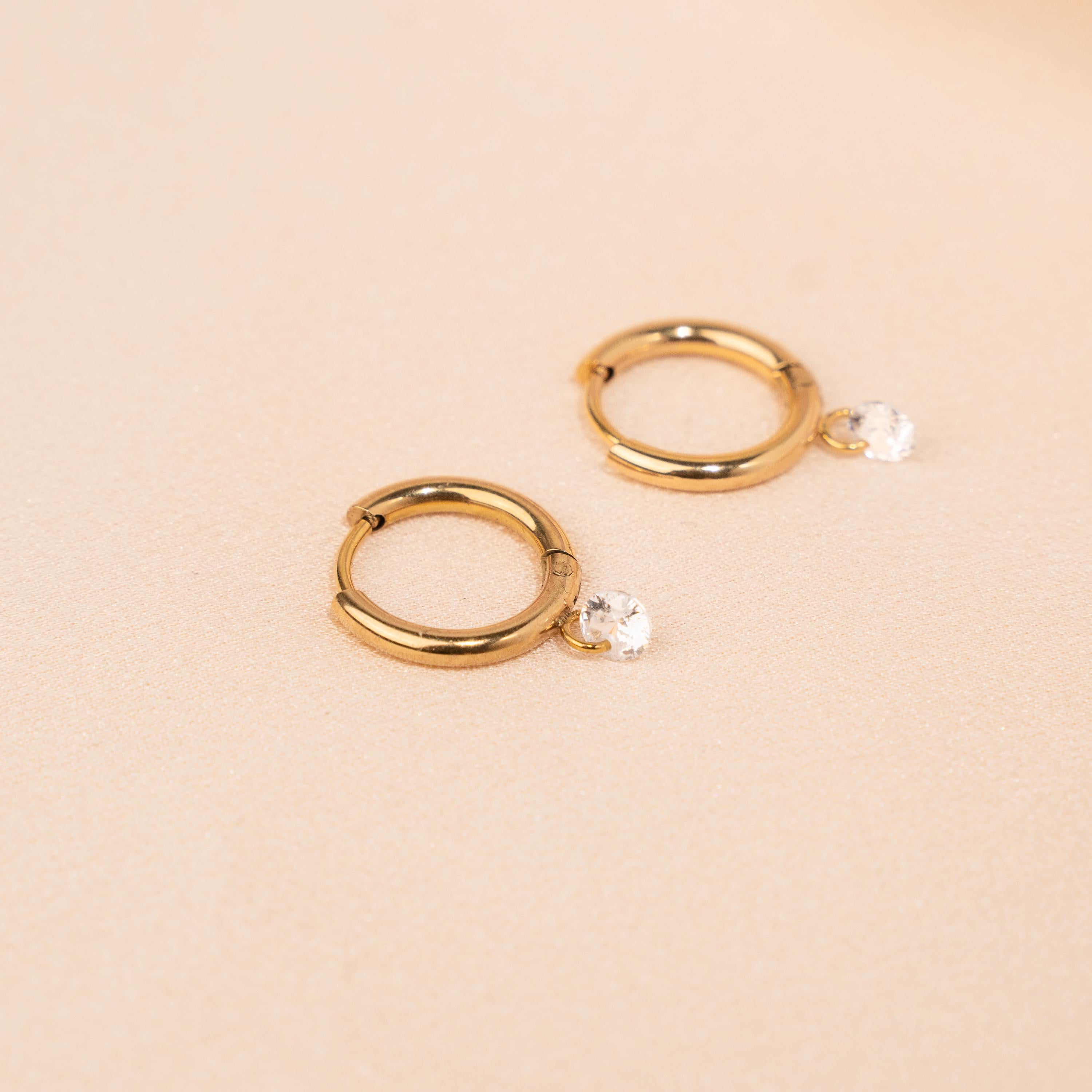 Petites créoles acier inoxydable pendentif pierre oxyde de zirconium brillant / Boucles d'oreilles dormeuses mini créoles rond