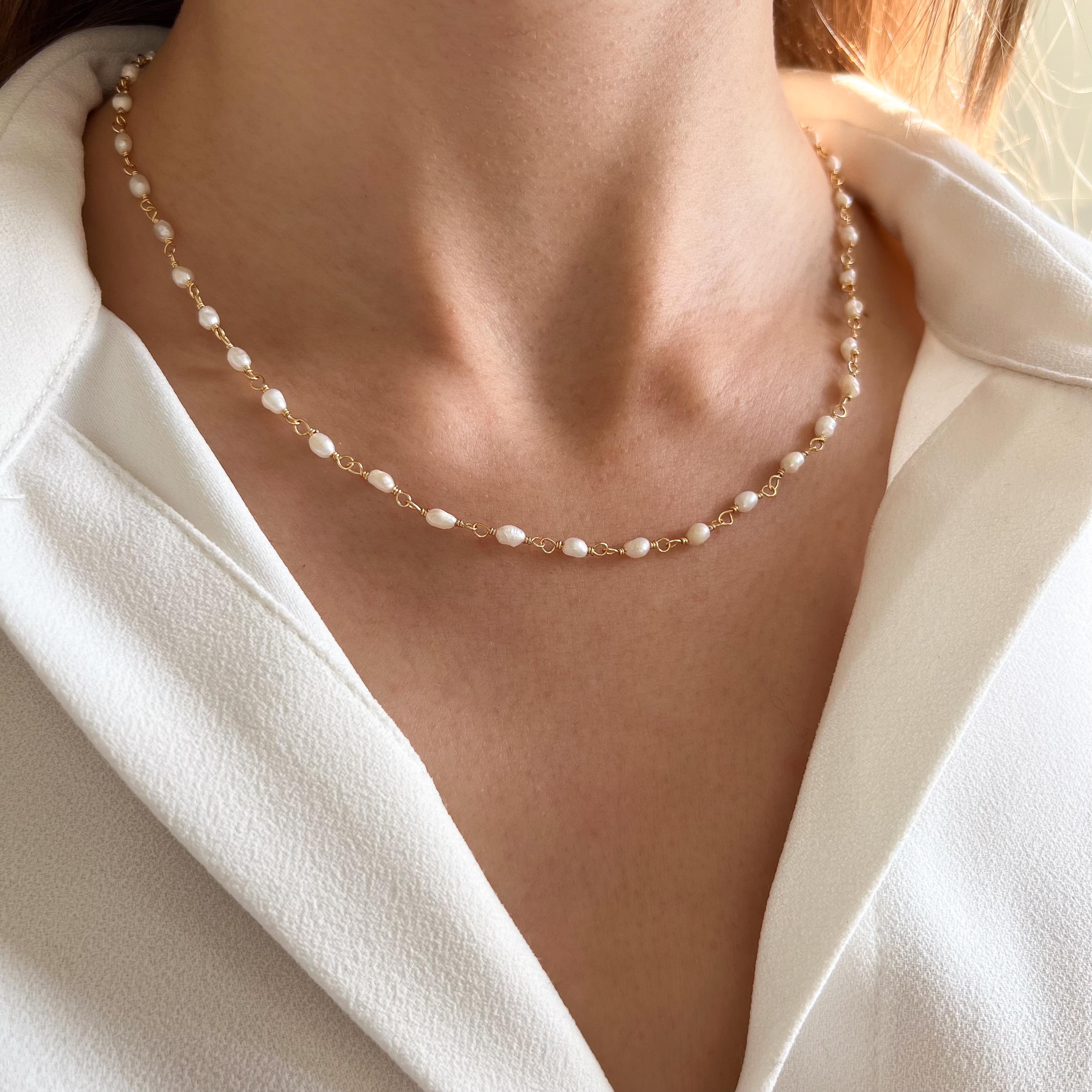 Collier perles d'eau douce nacre blanche / Collier femme chaine perles blanches acier inoxydable