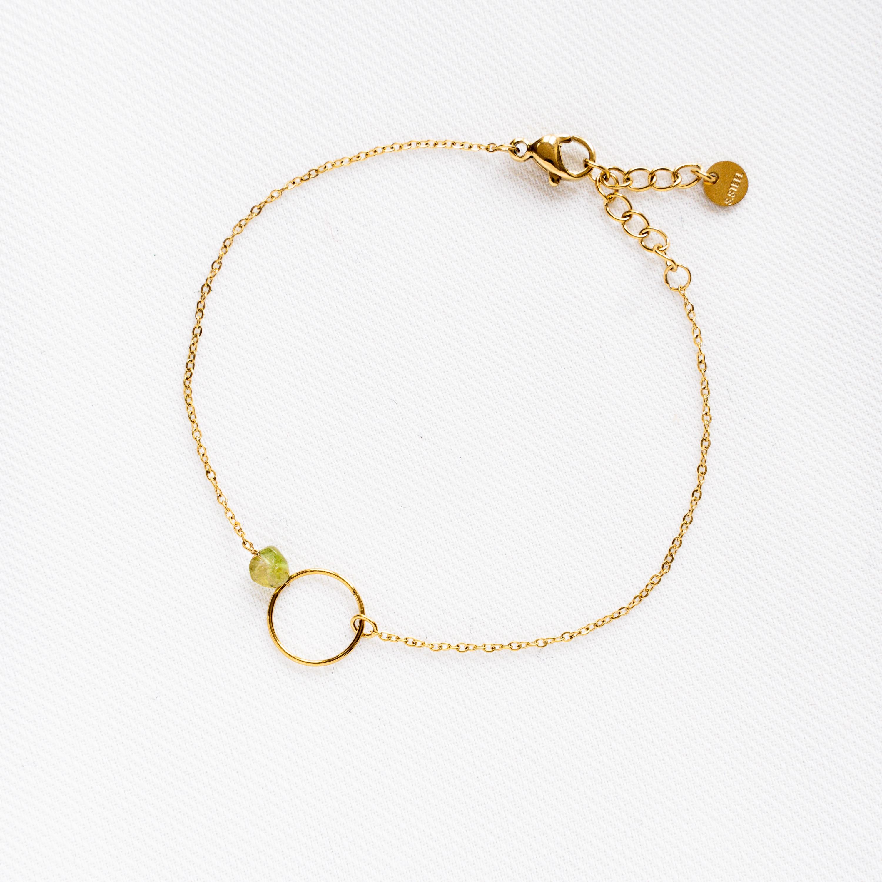 Bracelet femme tourmaline verte acier inoxydable cercle doré / Bracelet pierre naturelle