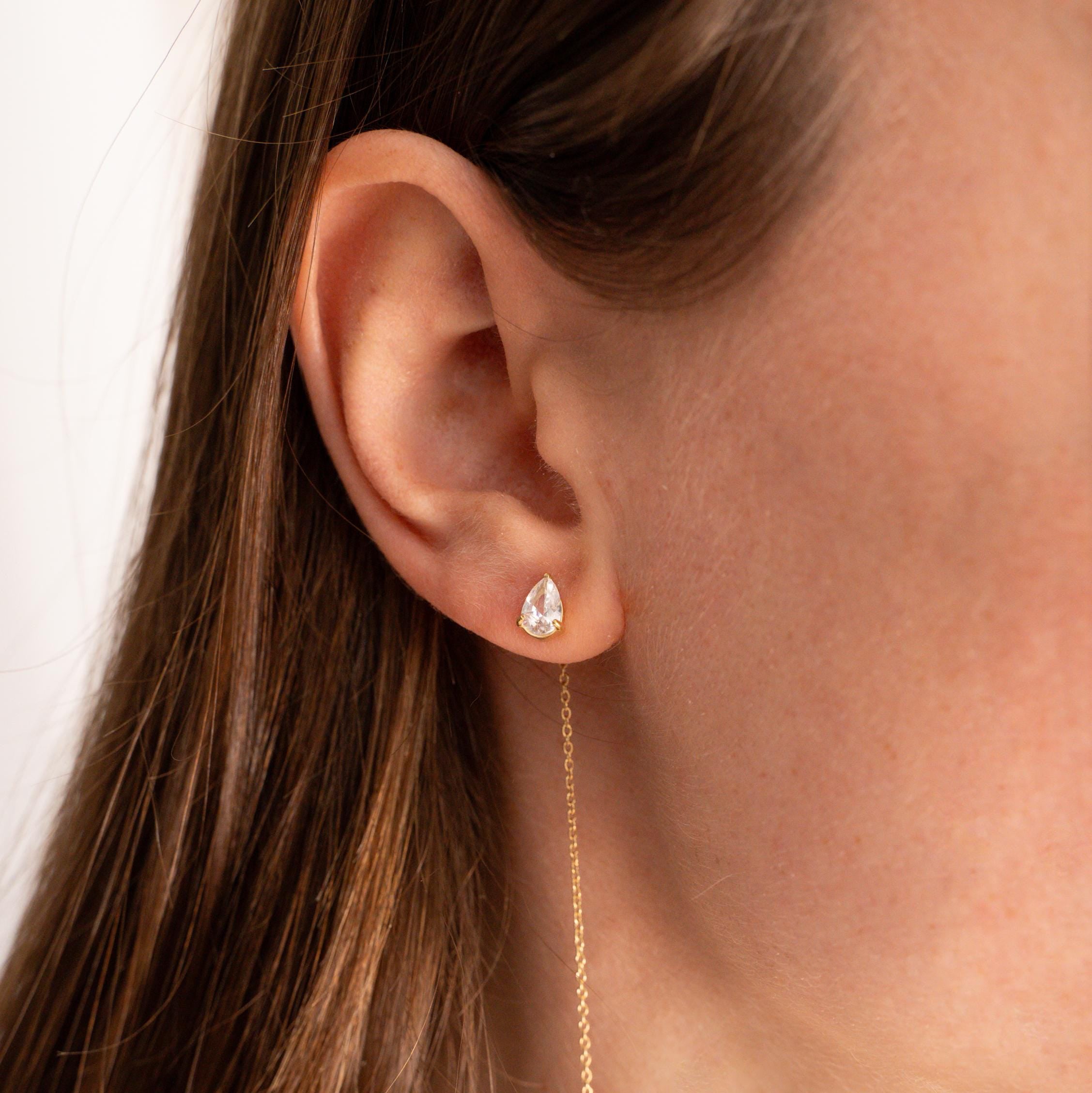Boucles d'oreilles chaines pendantes goutte en oxyde de zirconium / Boucles d'oreille chaine traversante acier inoxydable doré