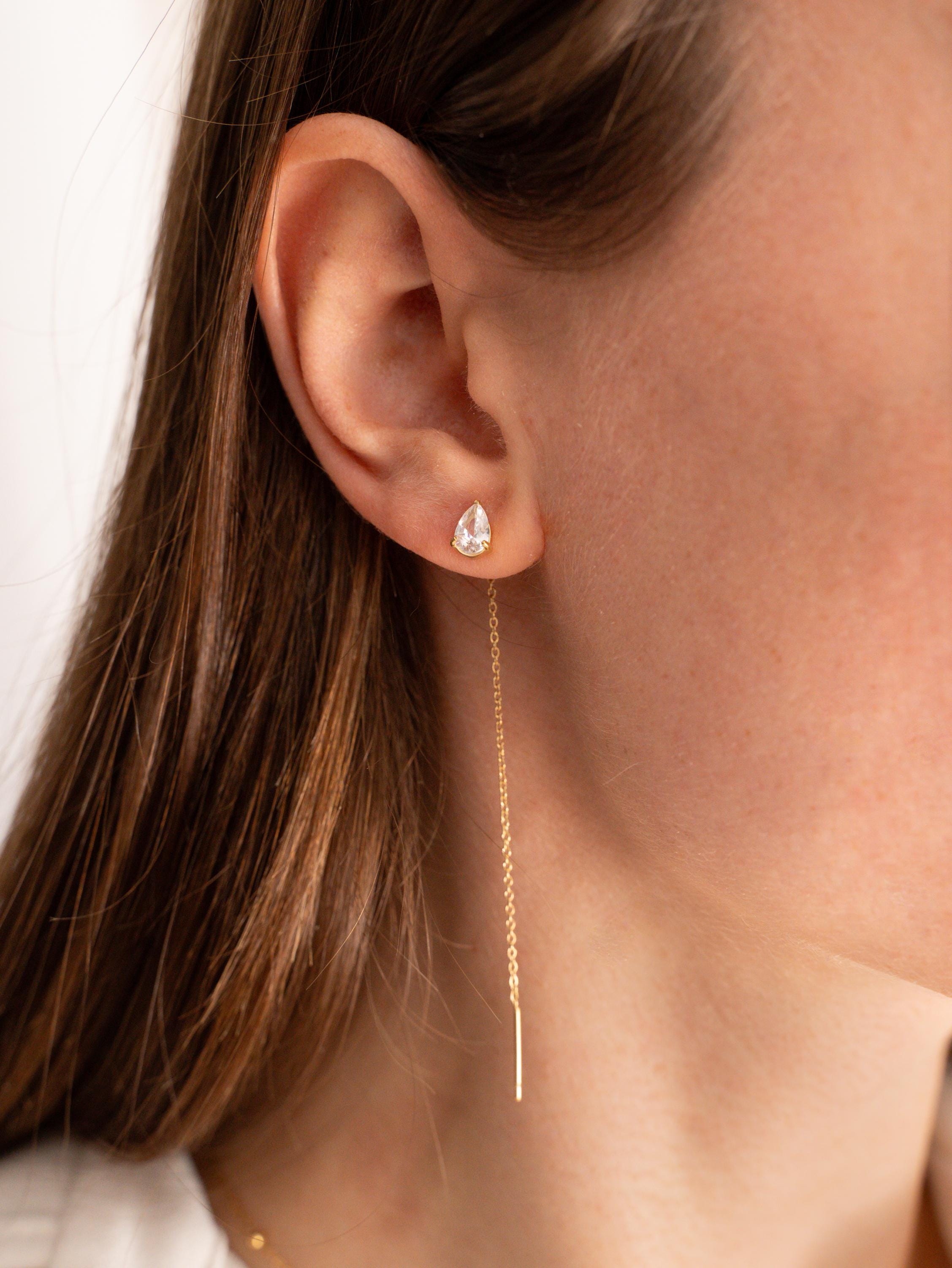 Boucles d'oreilles chaines pendantes goutte en oxyde de zirconium / Boucles d'oreille chaine traversante acier inoxydable doré