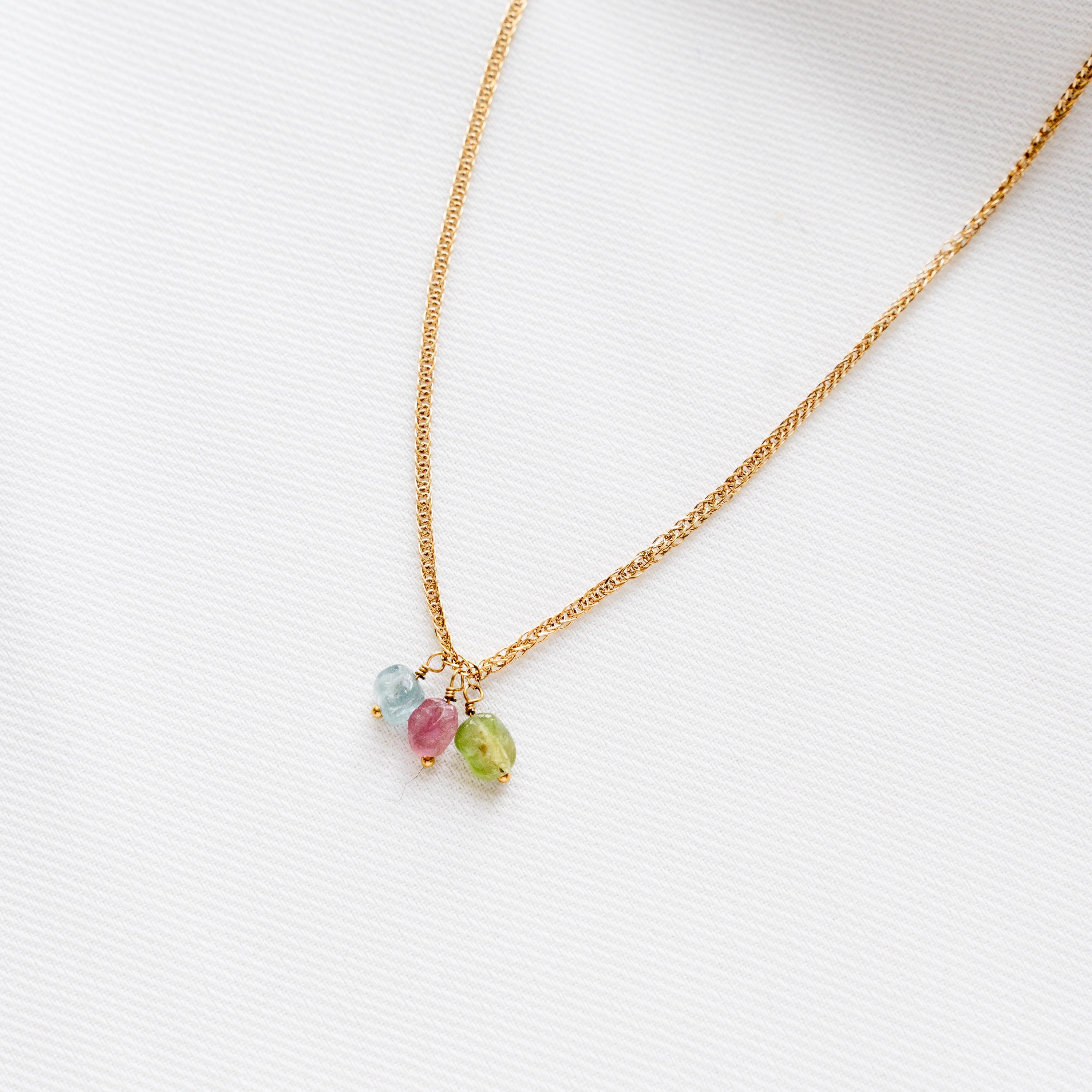 Collier pendentifs pierre naturelle tourmaline rose verte bleu / Collier femme chaine acier inoxydable doré