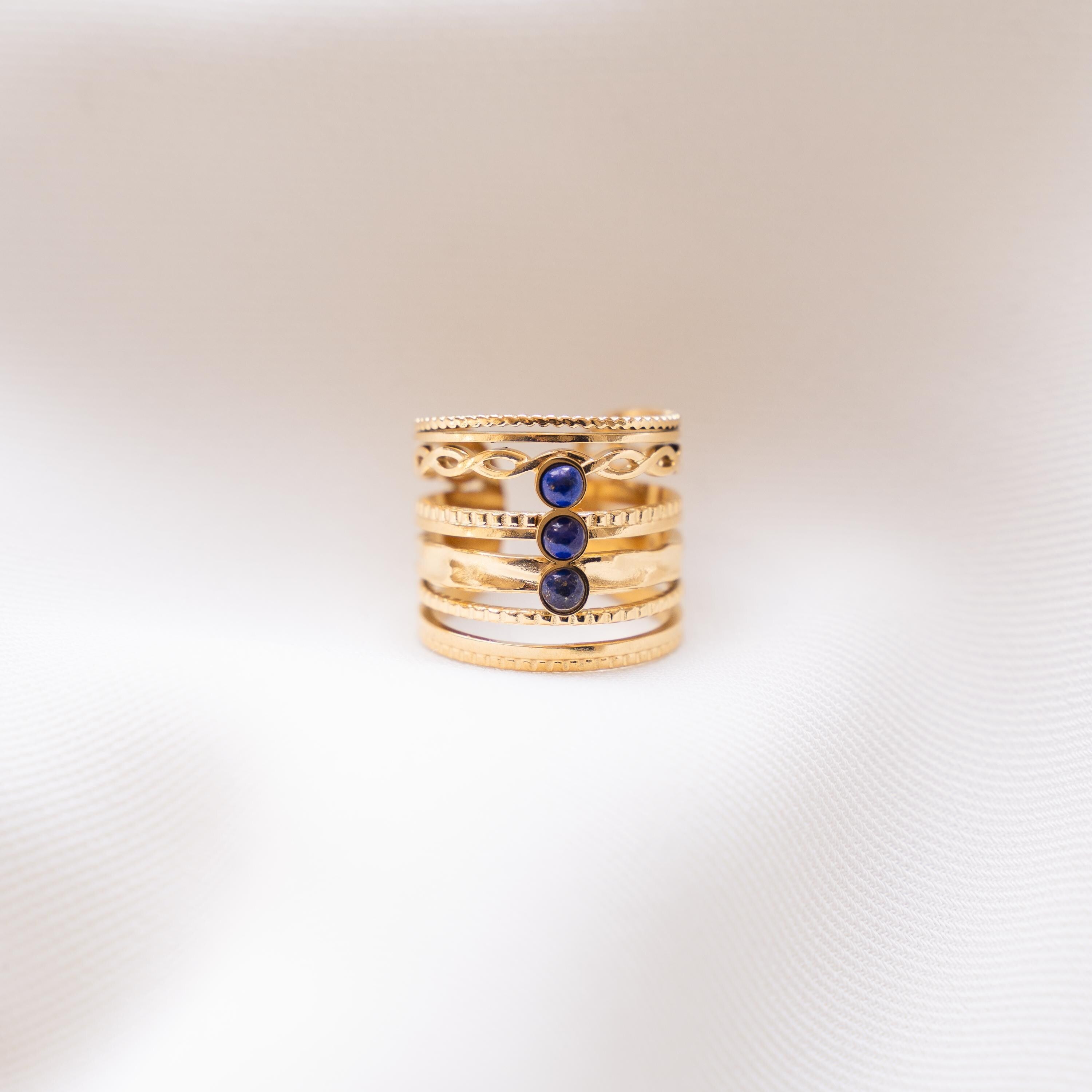 Bague femme acier inoxydable pierre naturelle lapis lazuli / bague multi rangs réglable dorée pierre bleu foncé