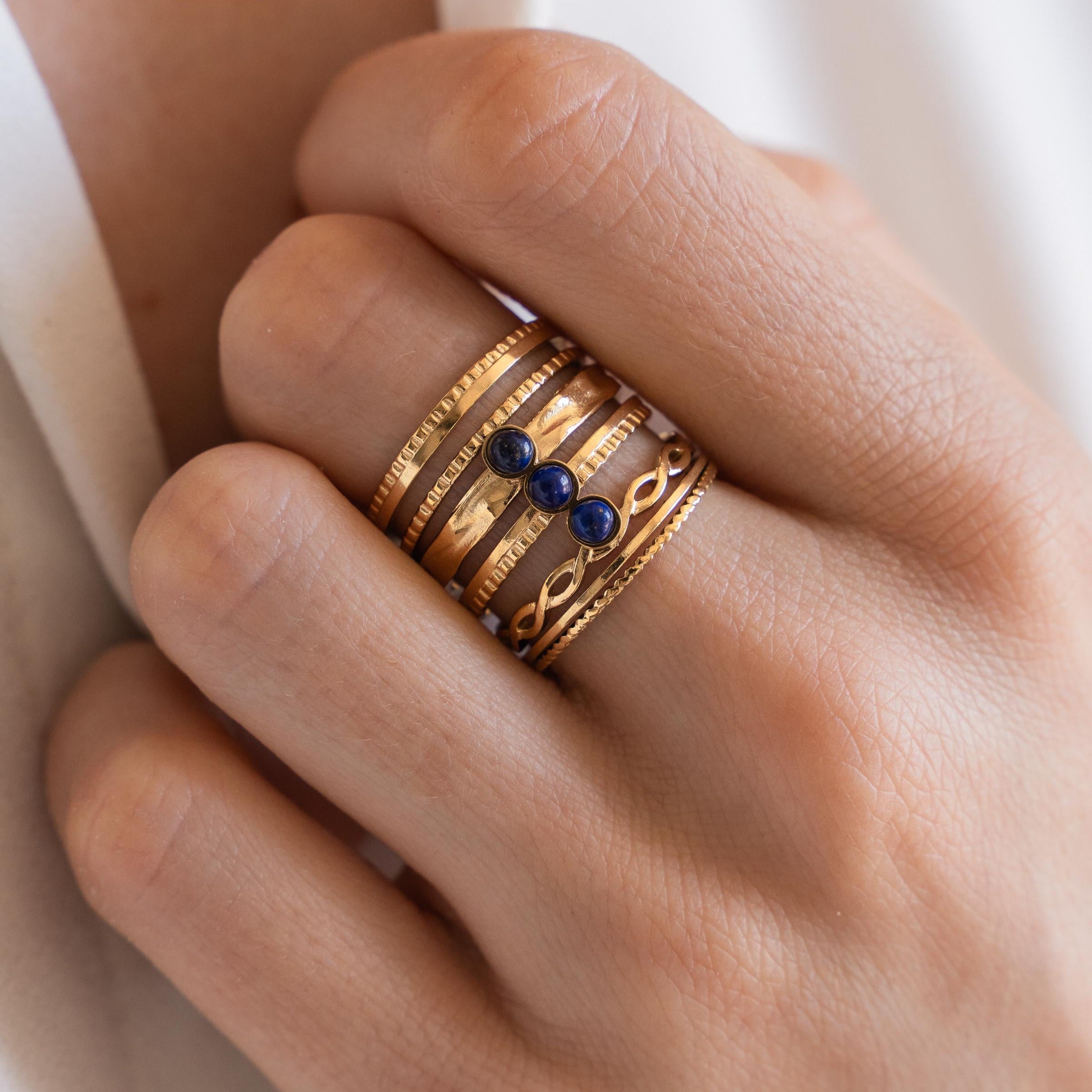 Bague femme acier inoxydable pierre naturelle lapis lazuli / bague multi rangs réglable dorée pierre bleu foncé