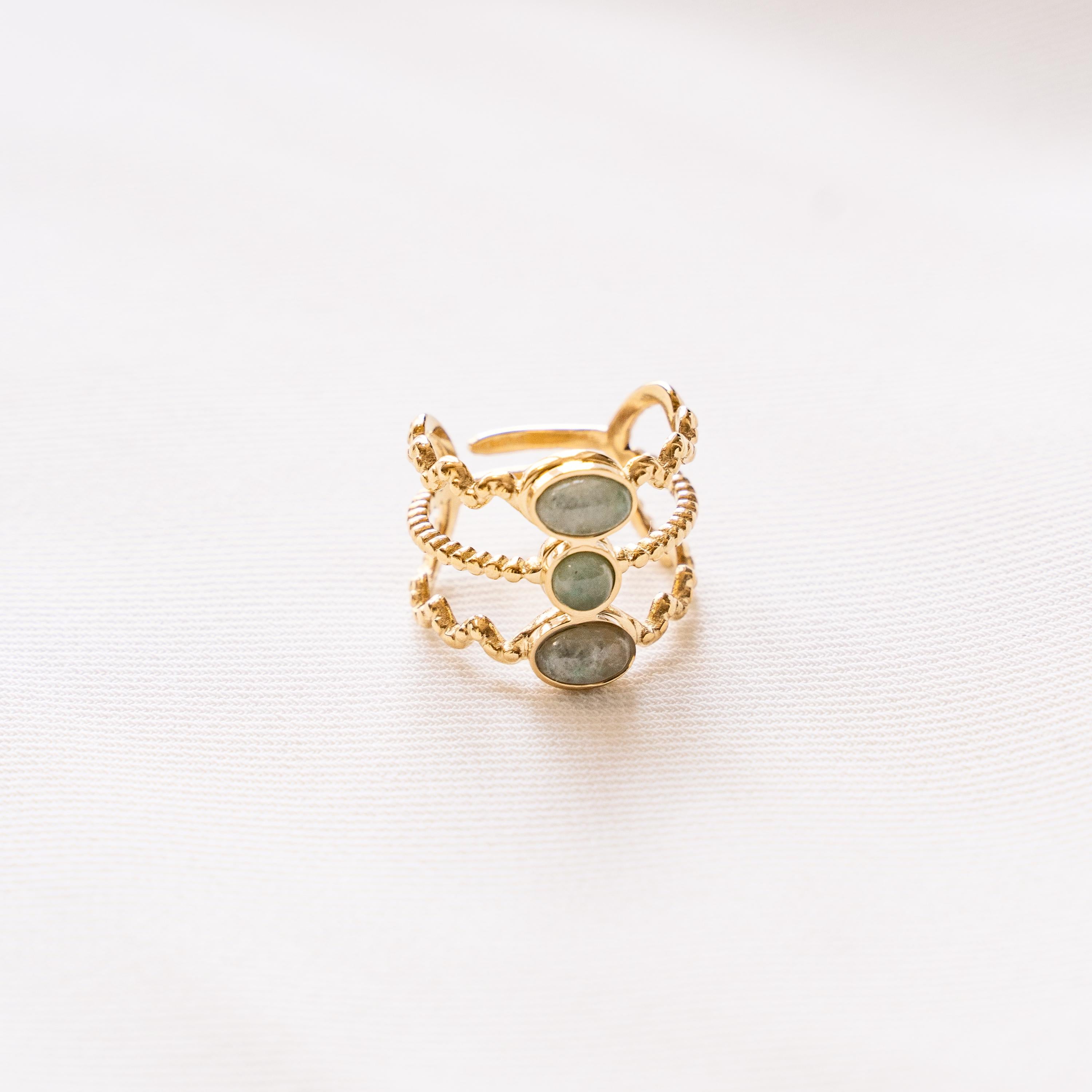 Bague femme acier inoxydable pierre naturelle aventurine ovale / bague double réglable dorée water resistant