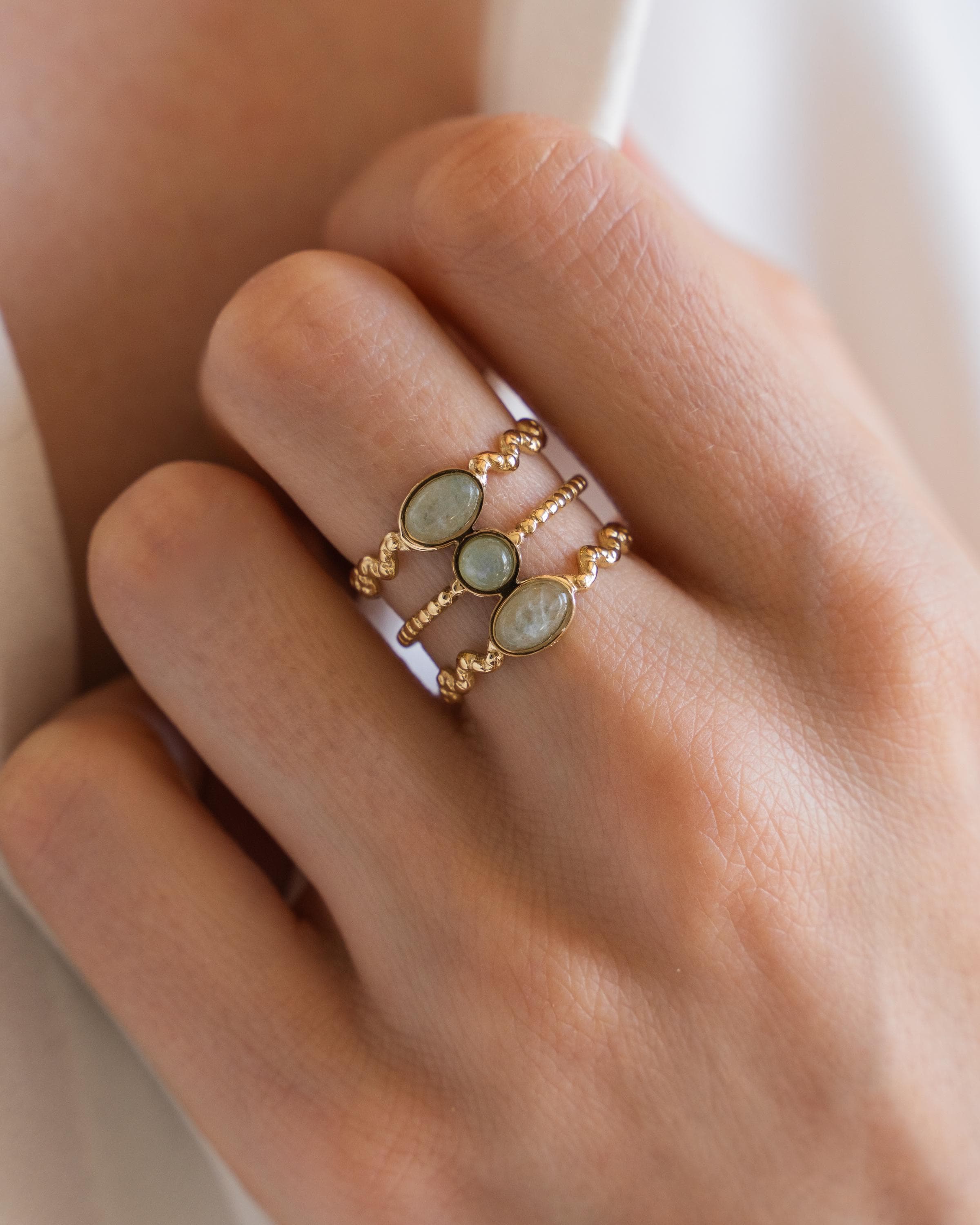 Bague femme acier inoxydable pierre naturelle aventurine ovale / bague double réglable dorée water resistant