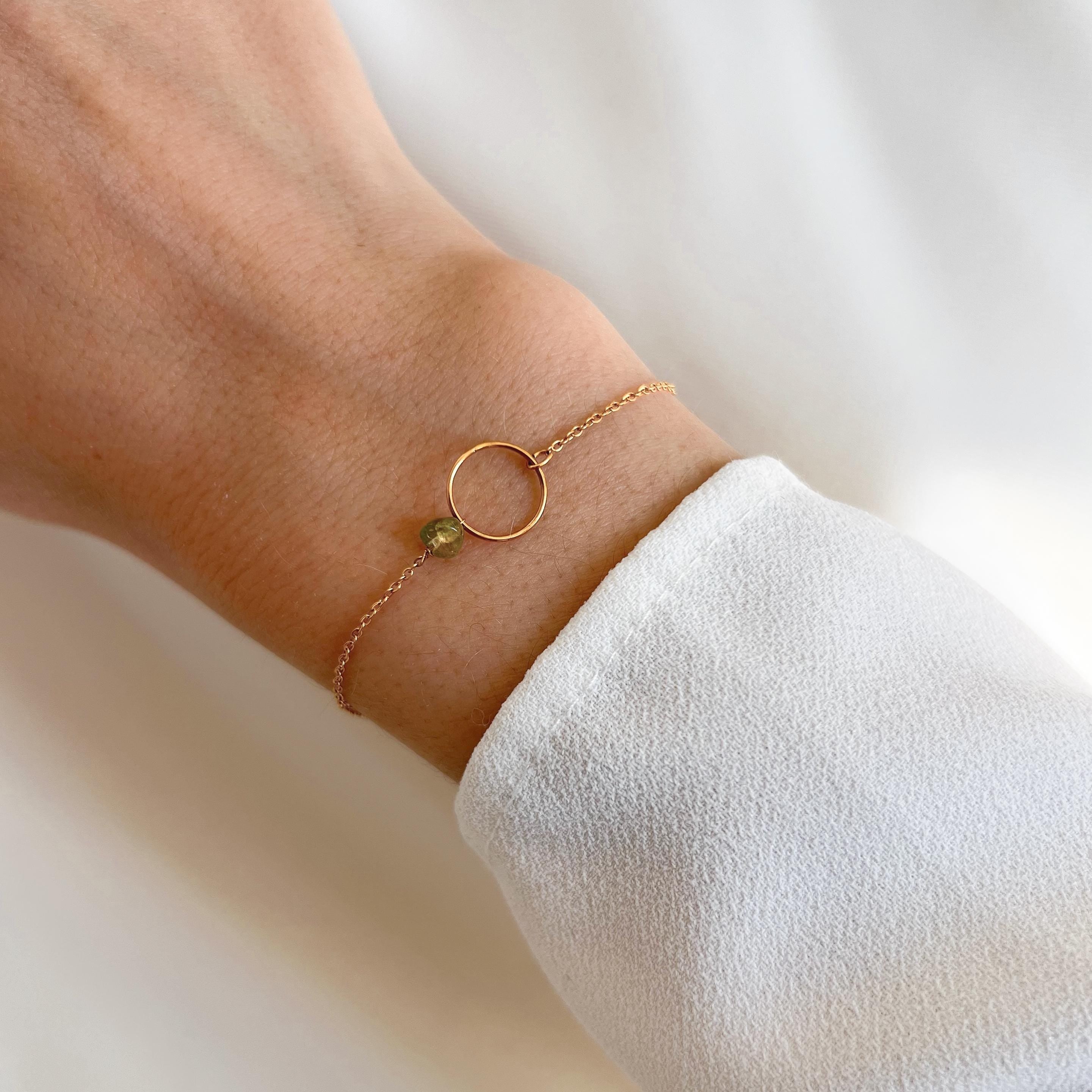 Bracelet femme tourmaline verte acier inoxydable cercle doré / Bracelet pierre naturelle