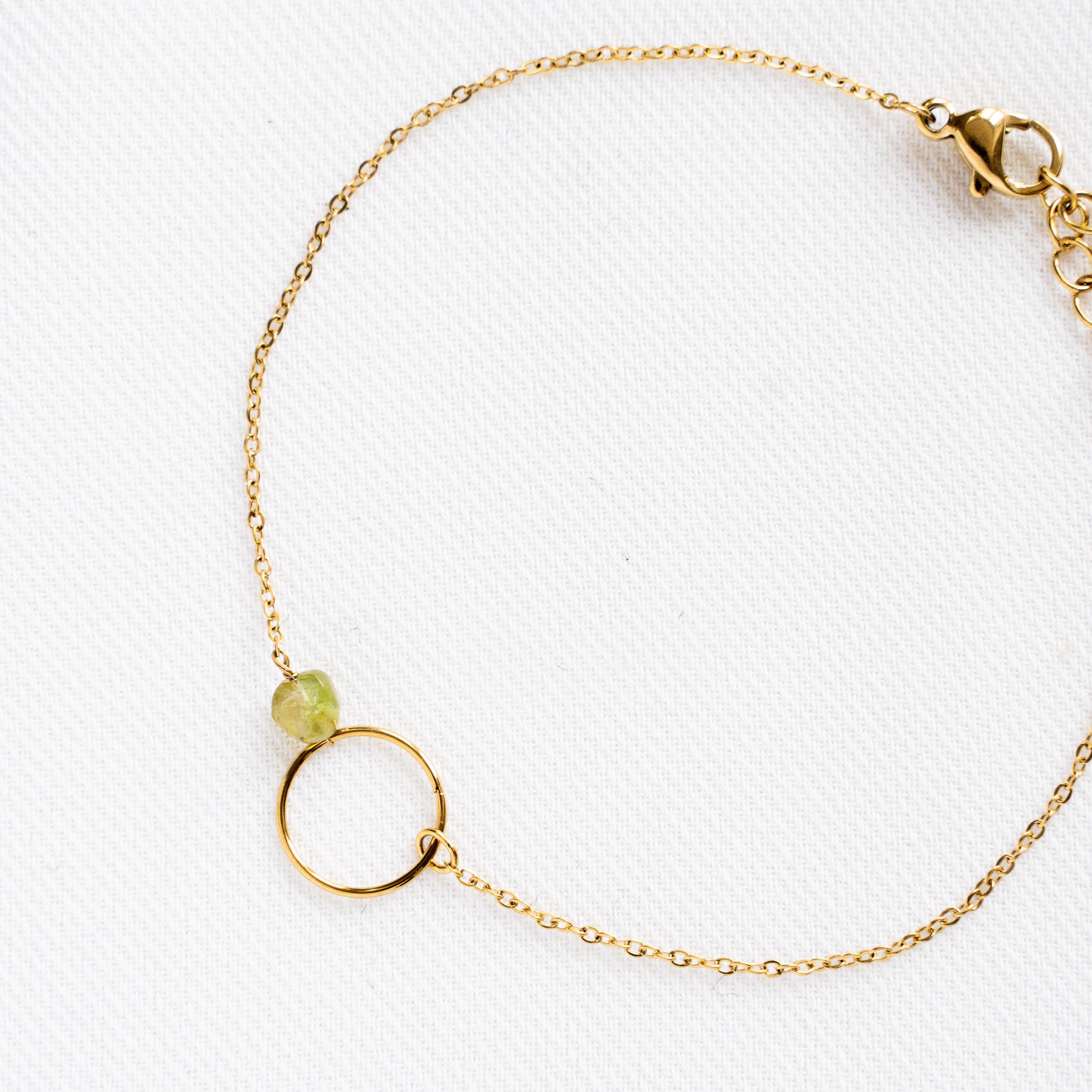 Bracelet femme tourmaline verte acier inoxydable cercle doré / Bracelet pierre naturelle