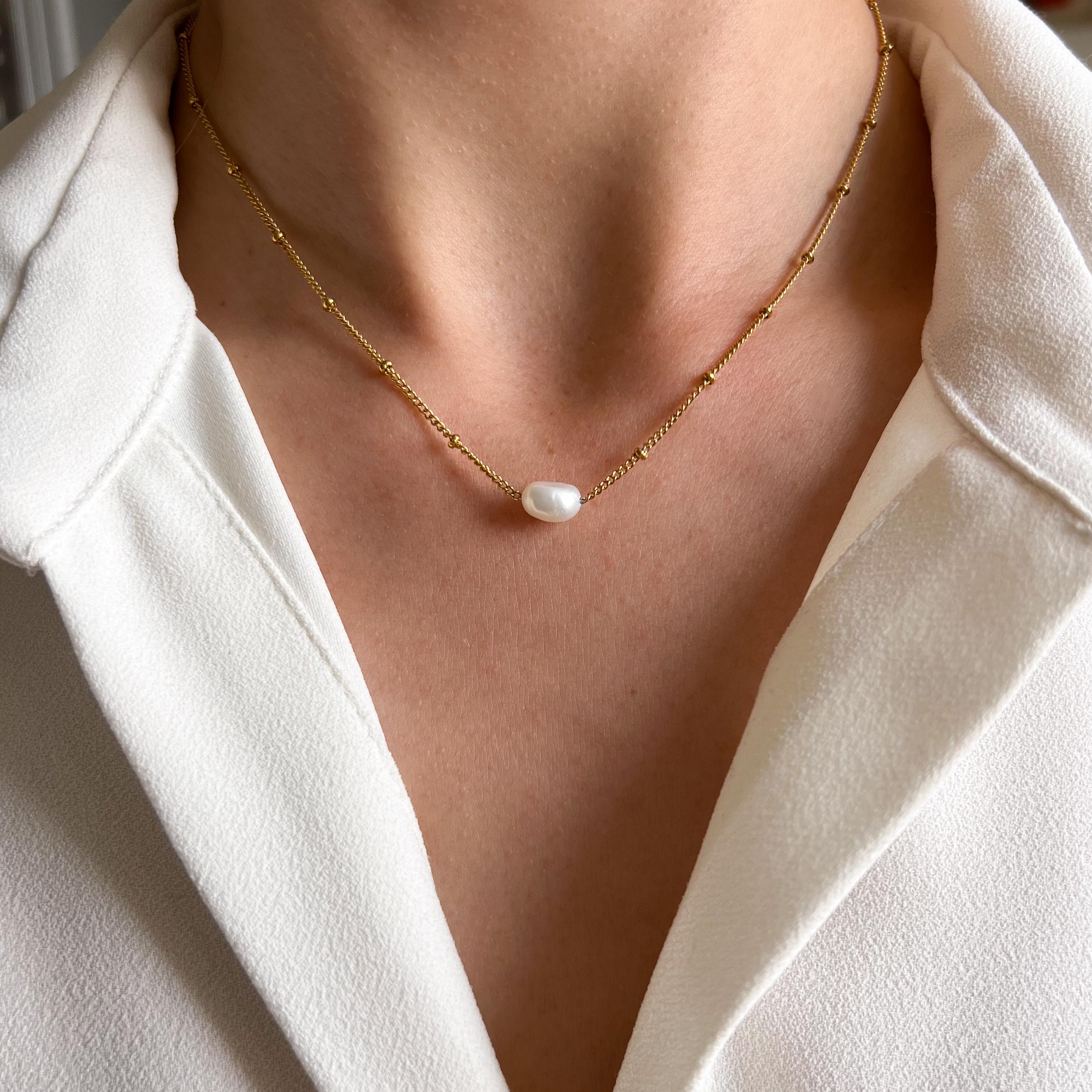 Collier perle d'eau douce nacre blanche chaine à billes / Collier femme chaine perle blanche acier inoxydable