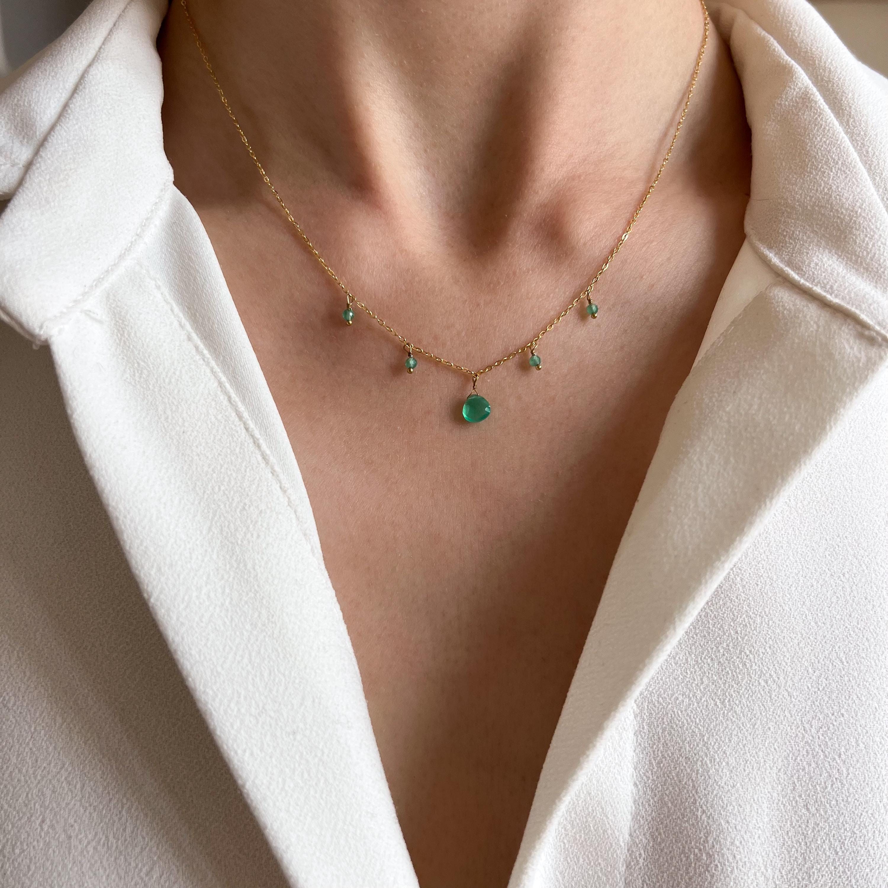Collier fin chaine acier inoxydable pendentifs pierres Agathe verte / Collier femme minimaliste chaine fine pierre naturelle goutte
