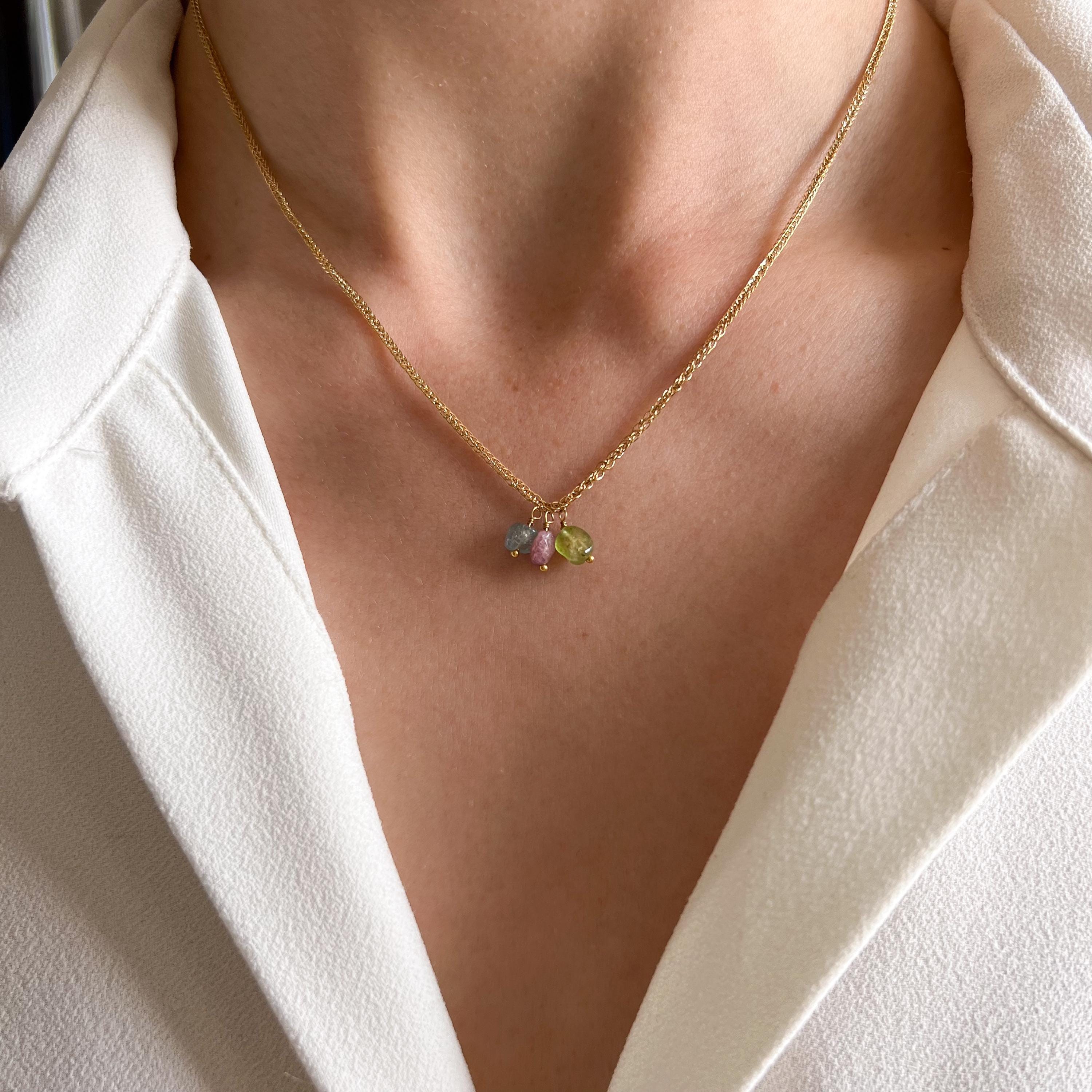 Collier pendentifs pierre naturelle tourmaline rose verte bleu / Collier femme chaine acier inoxydable doré