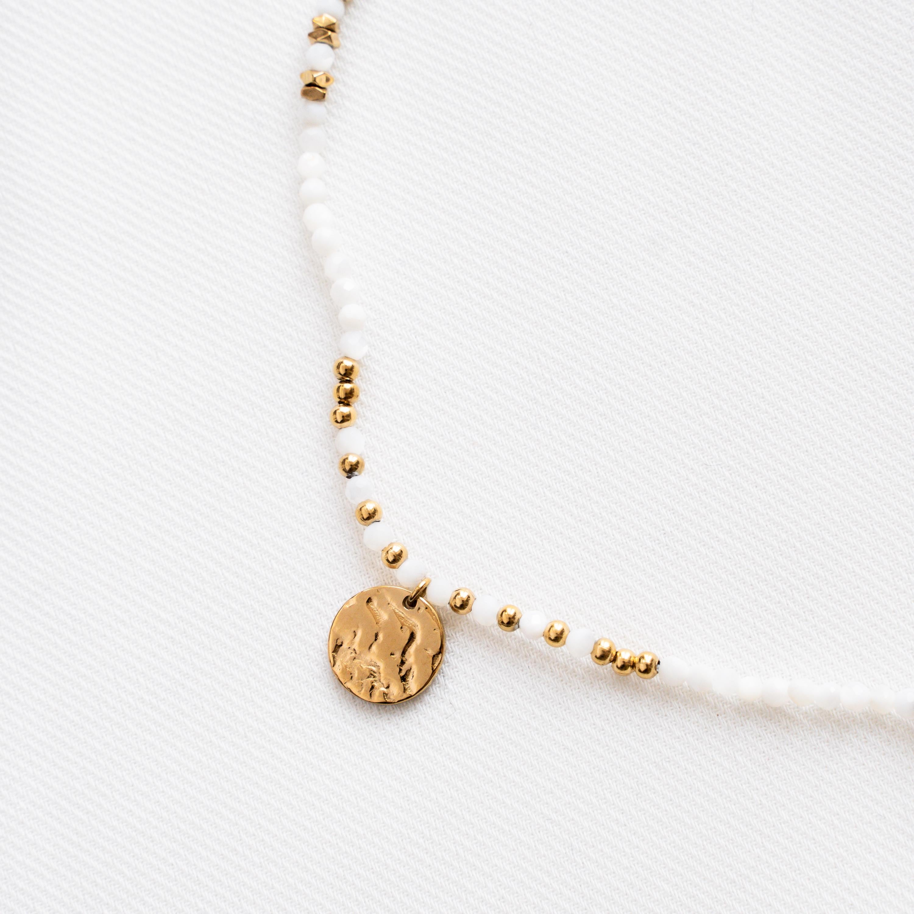 Collier pierre naturelle agate blanche / Collier femme perles blanches pendentif rond acier inoxydable