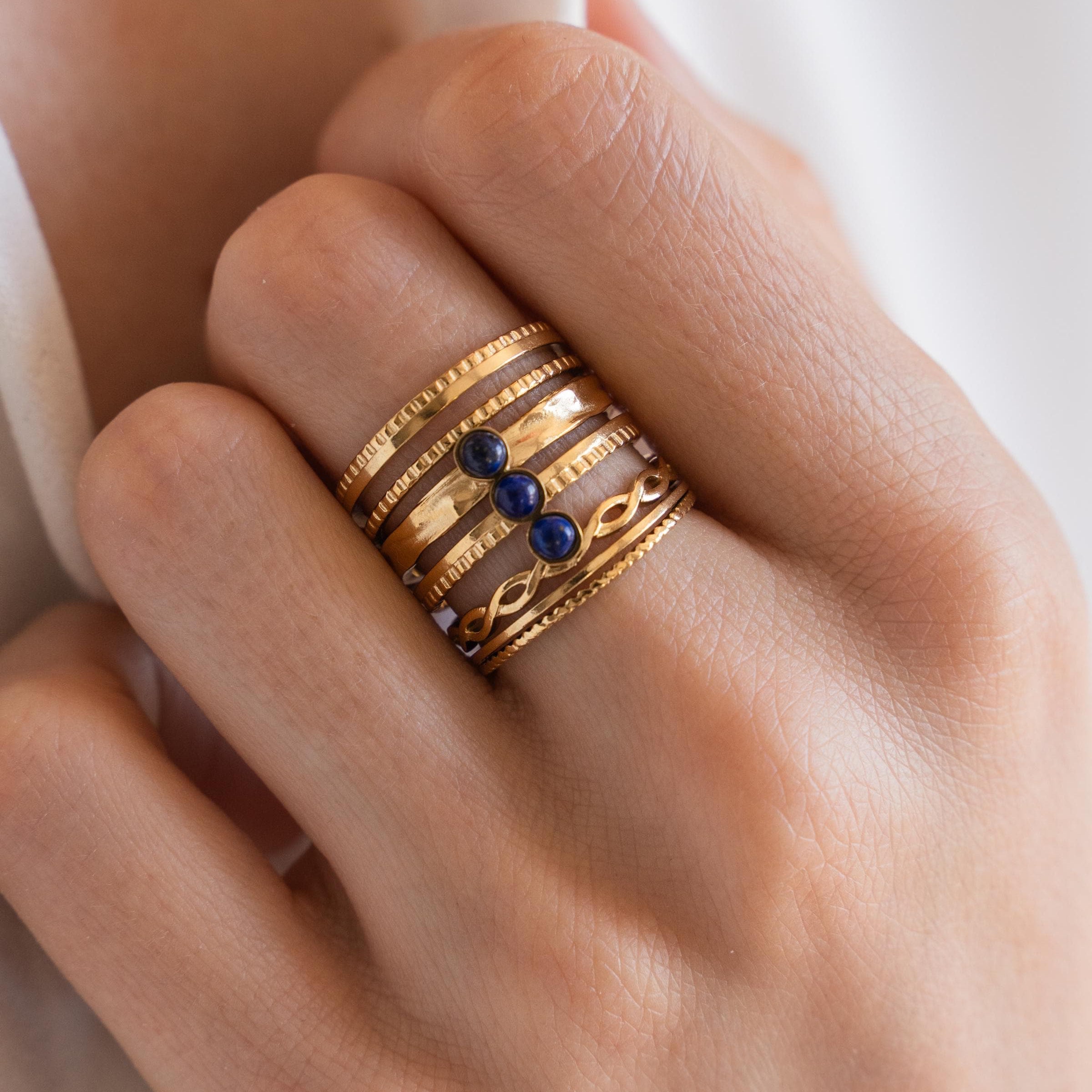 Bague femme acier inoxydable pierre naturelle lapis lazuli / bague multi rangs réglable dorée pierre bleu foncé