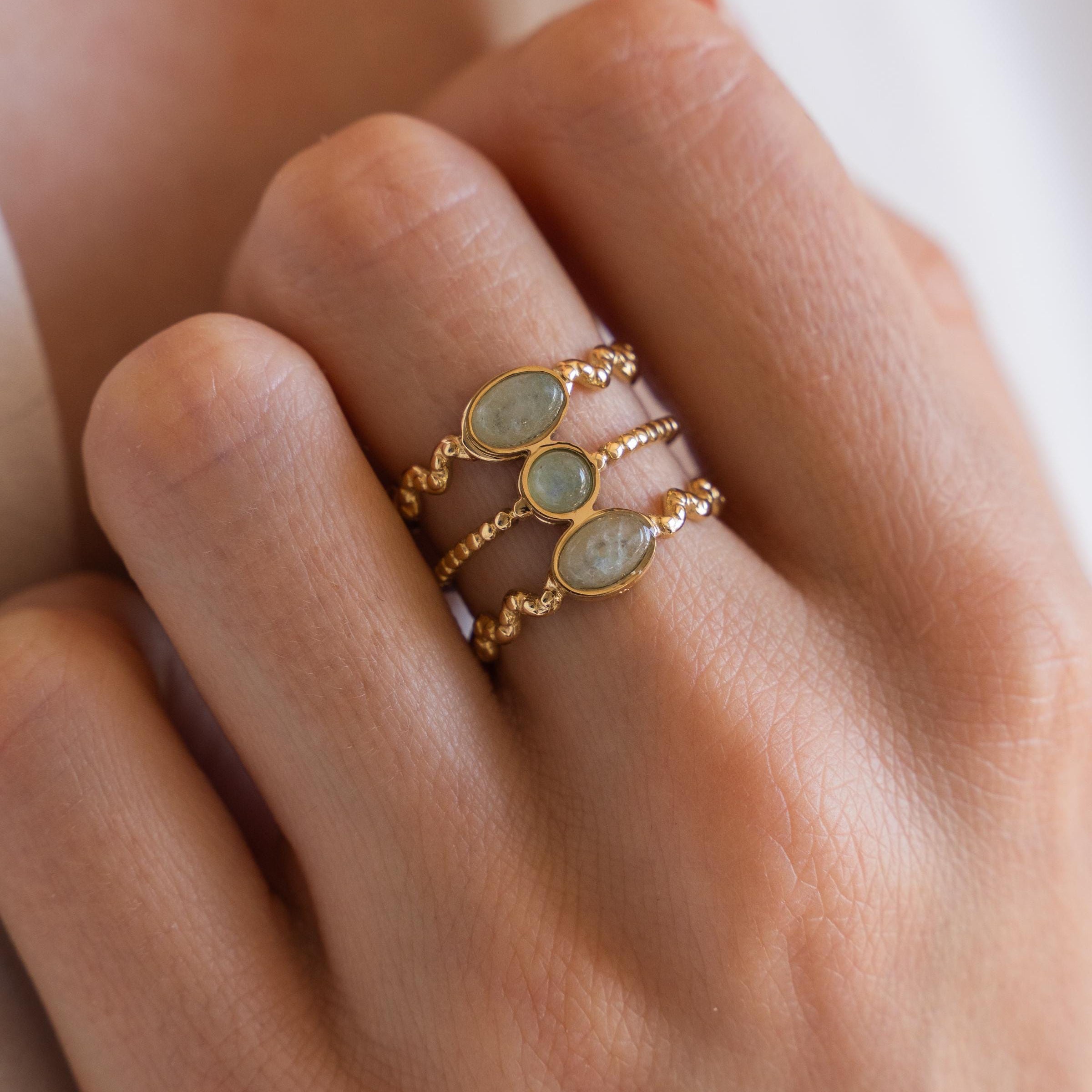 Bague femme acier inoxydable pierre naturelle aventurine ovale / bague double réglable dorée water resistant