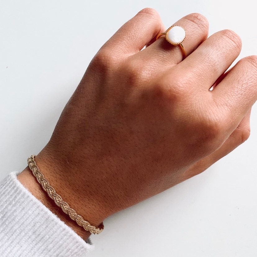 Bague femme acier inoxydable nacre blanche / Bague or réglable pierre ovale