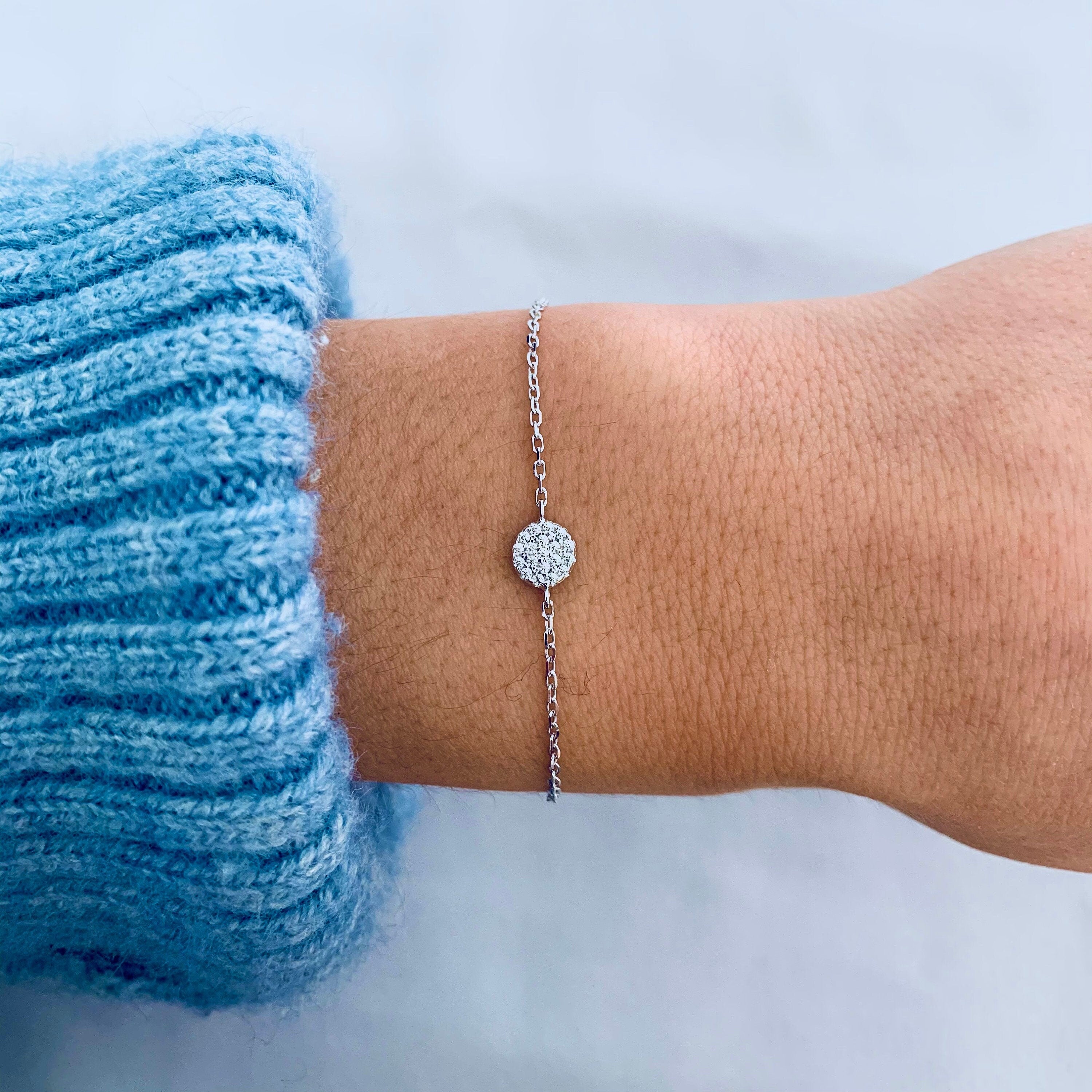 Bracelet Argent 925 chaine fine rond brillant / Bracelet femme médaillon