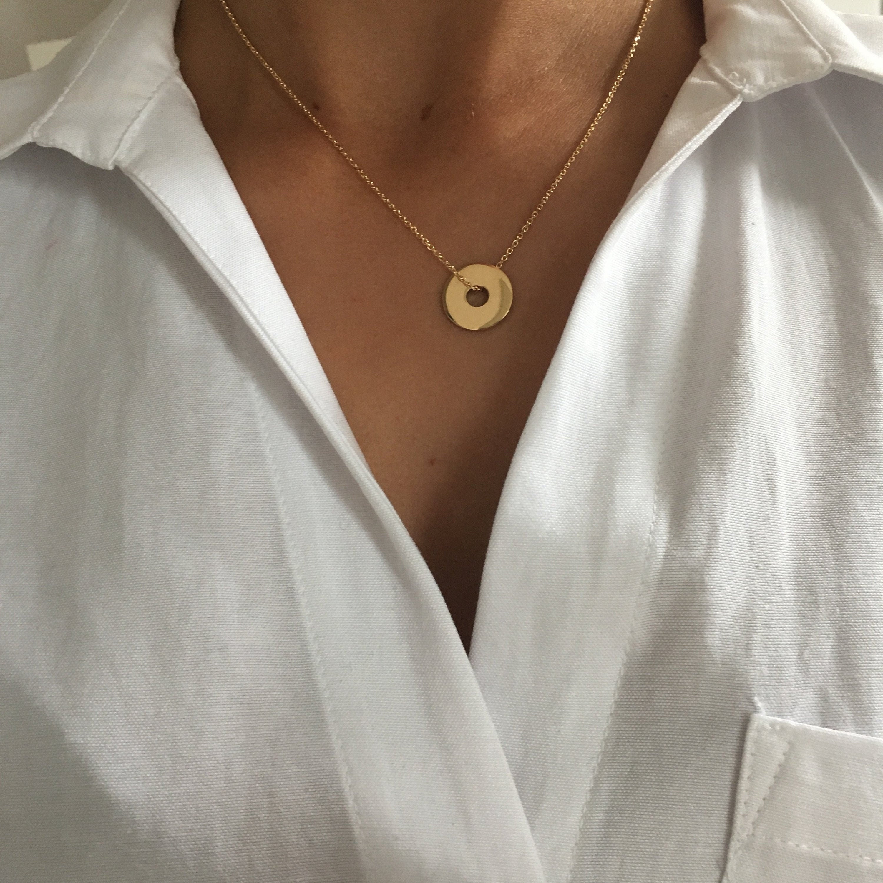 Collier plaqué or pendentif anneau rond plaqué or / Cadeau femme / Collier femme chaine plaqué or