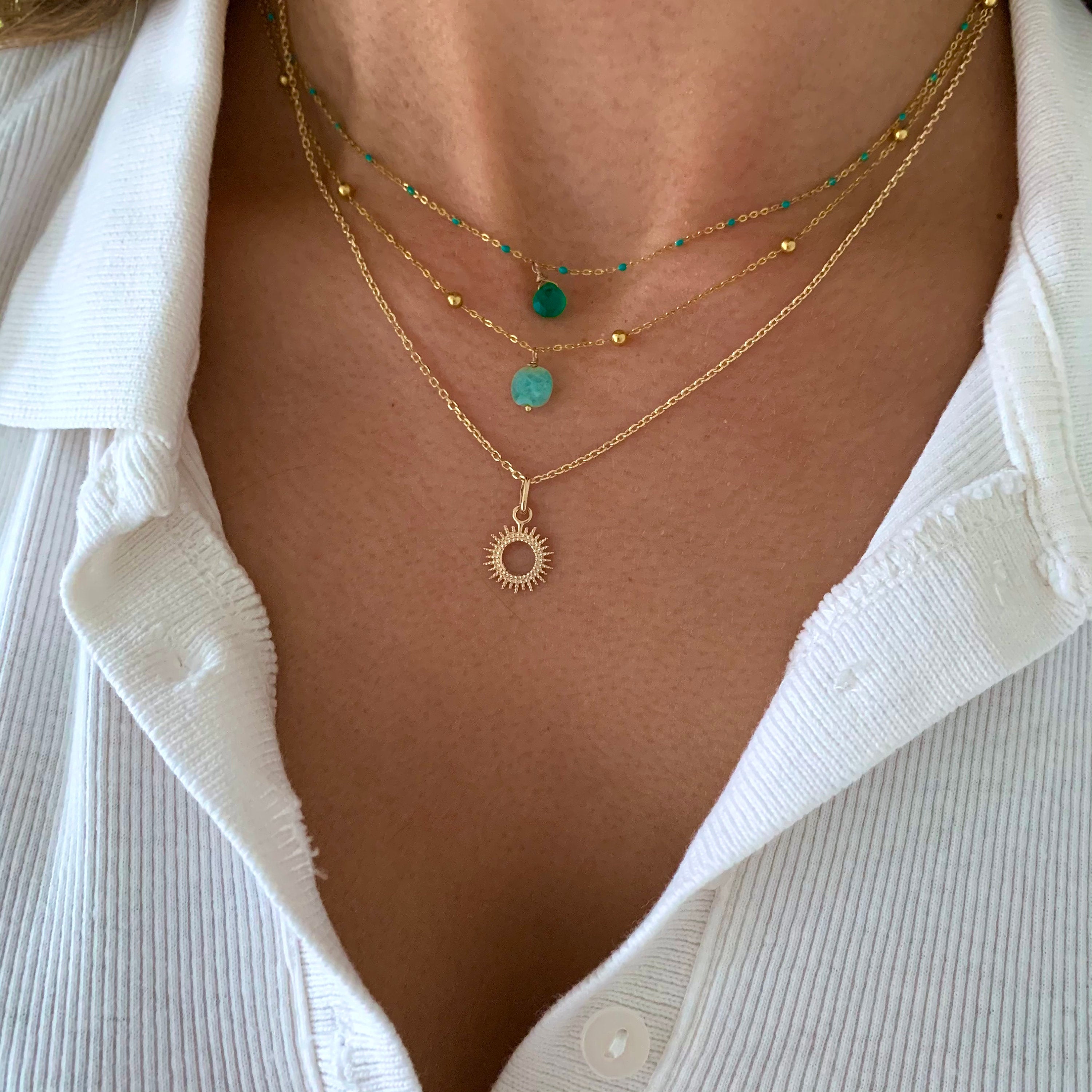 Collier acier inoxydable pendentif pierre amazonite bleu givré / Collier femme minimaliste chaine fine
