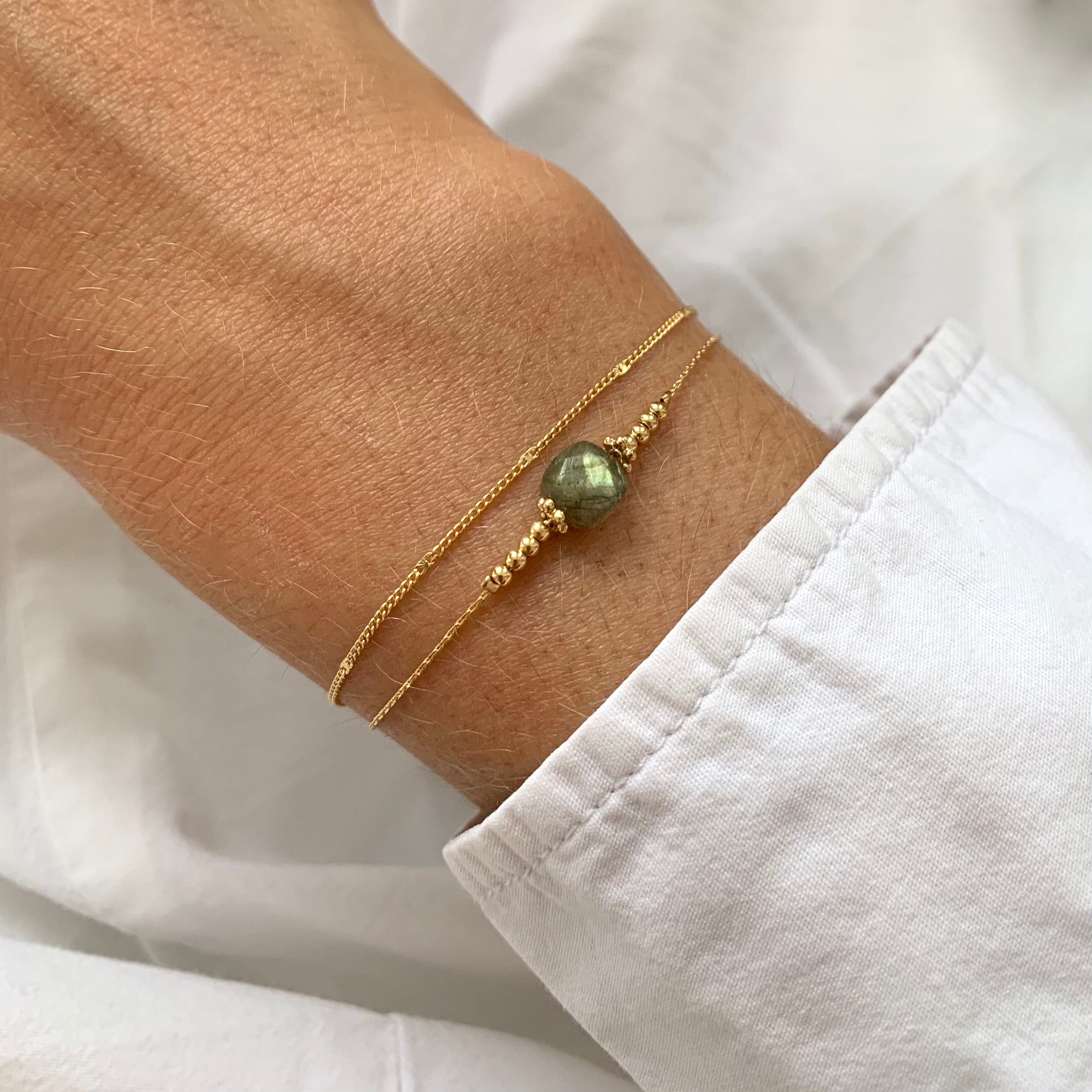 Bracelet acier inoxydable pierre naturelle amazonite / Bracelet double rang chaine fine perle carré bleu turquoise