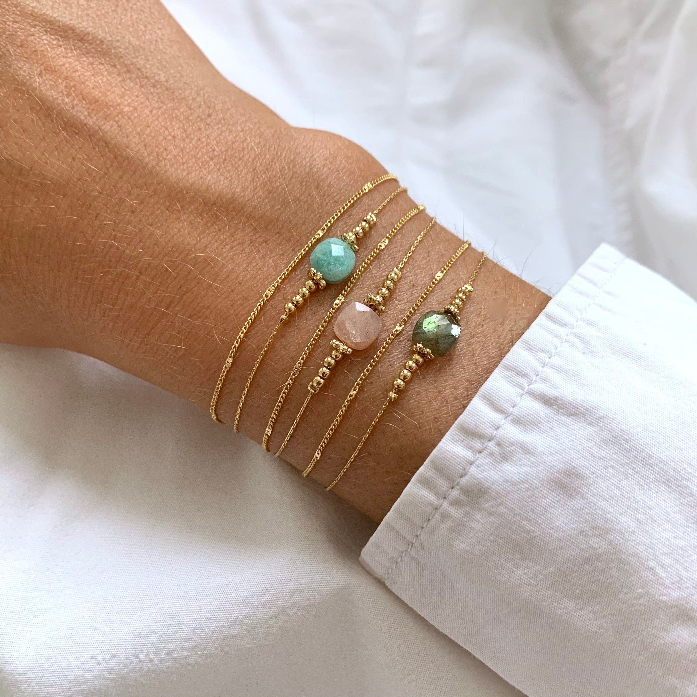 Bracelet acier inoxydable pierre naturelle amazonite / Bracelet double rang chaine fine perle carré bleu turquoise