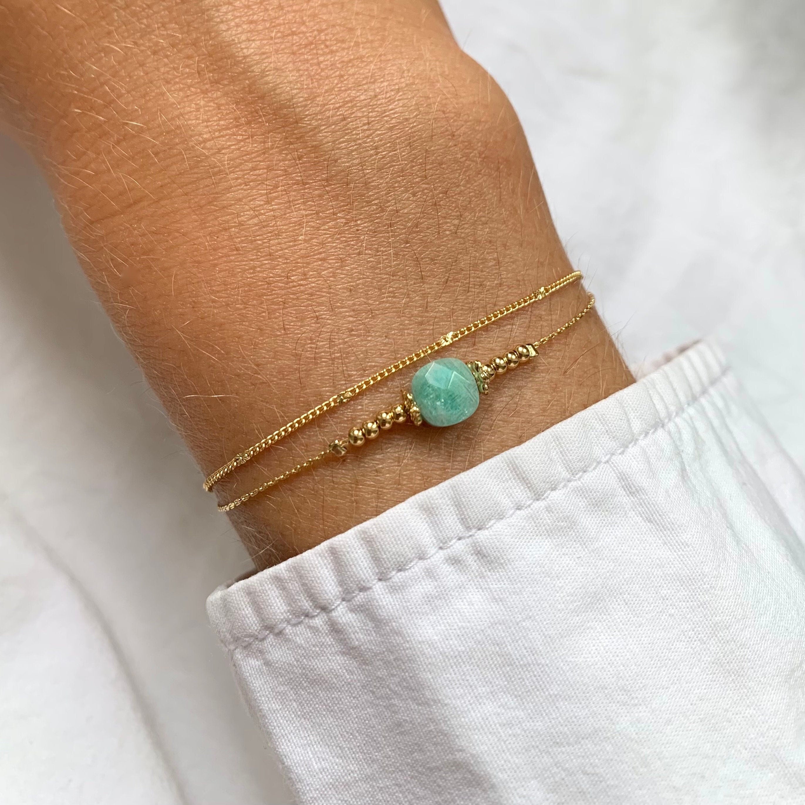 Bracelet acier inoxydable pierre naturelle amazonite / Bracelet double rang chaine fine perle carré bleu turquoise