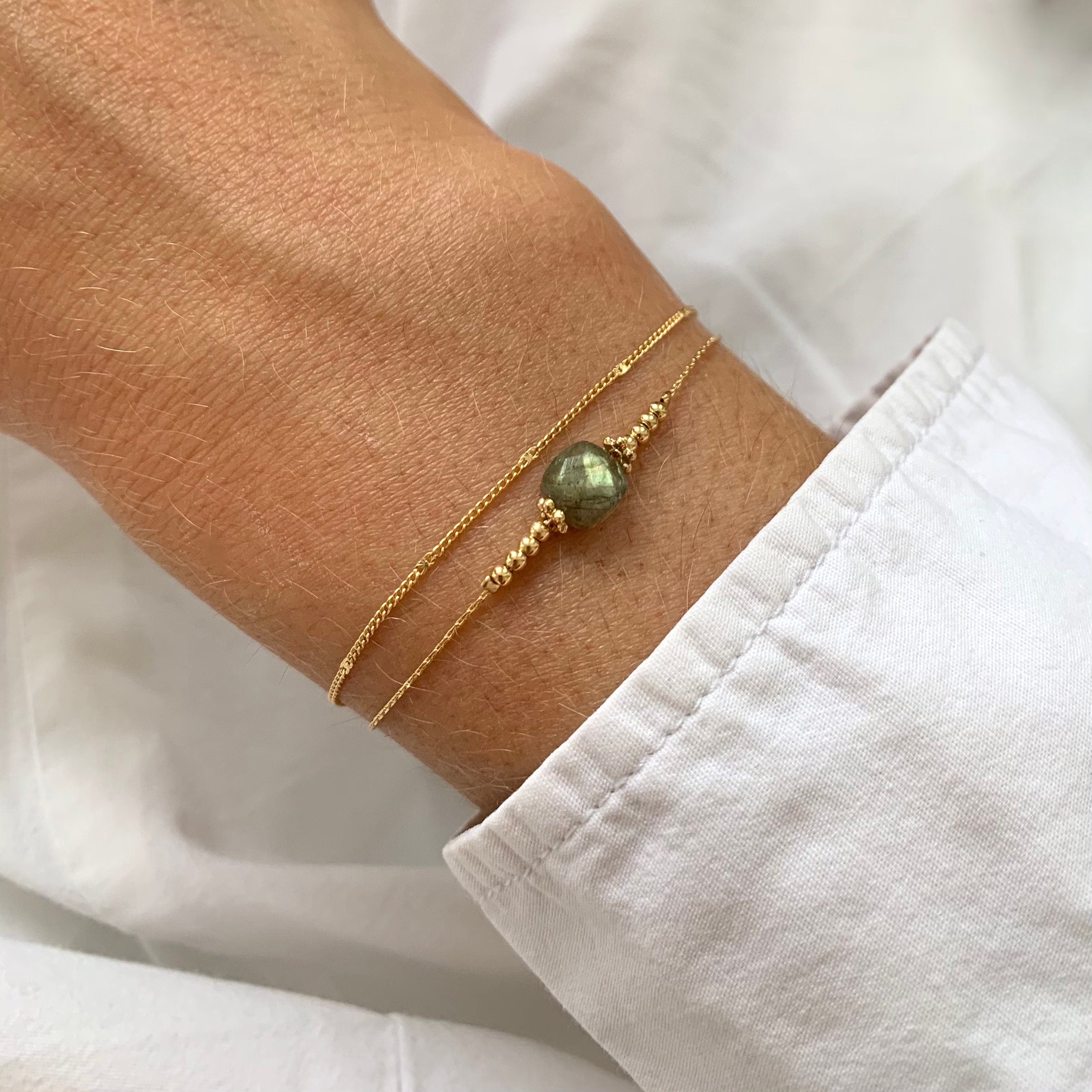 Bracelet acier inoxydable pierre naturelle quartz rose / Bracelet double rang chaine fine perle carré