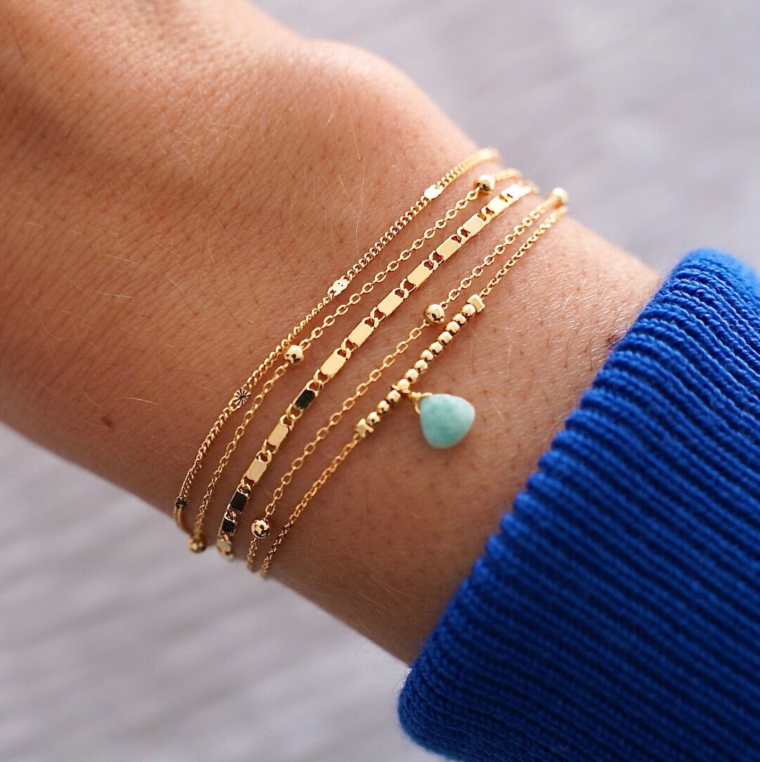 Bracelet femme double rang chaine fine pierre bleu turquoise amazonite