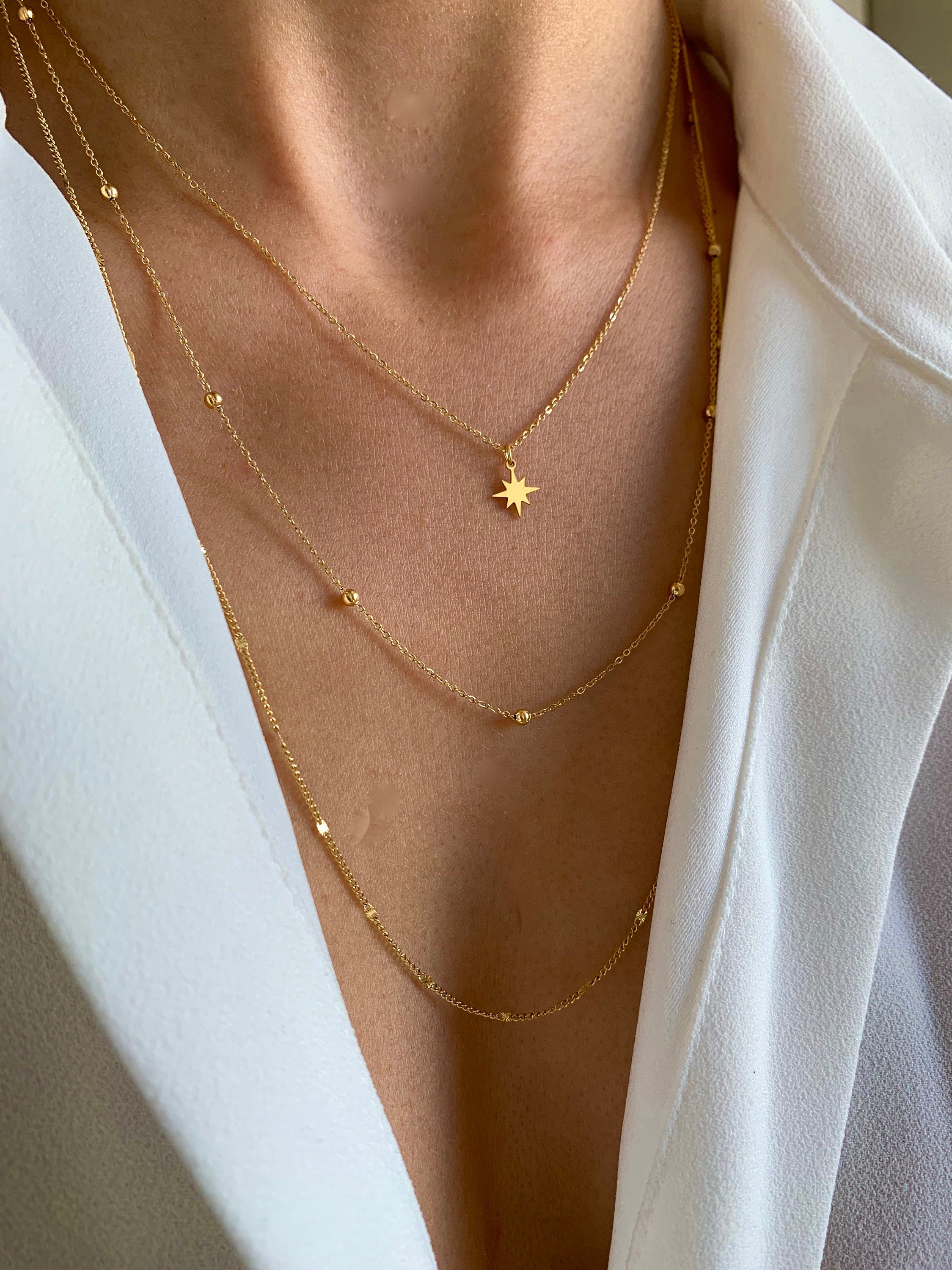 Collier fin triple rang chaines pendentif étoile / Collier femme acier inoxydable minimaliste chaine