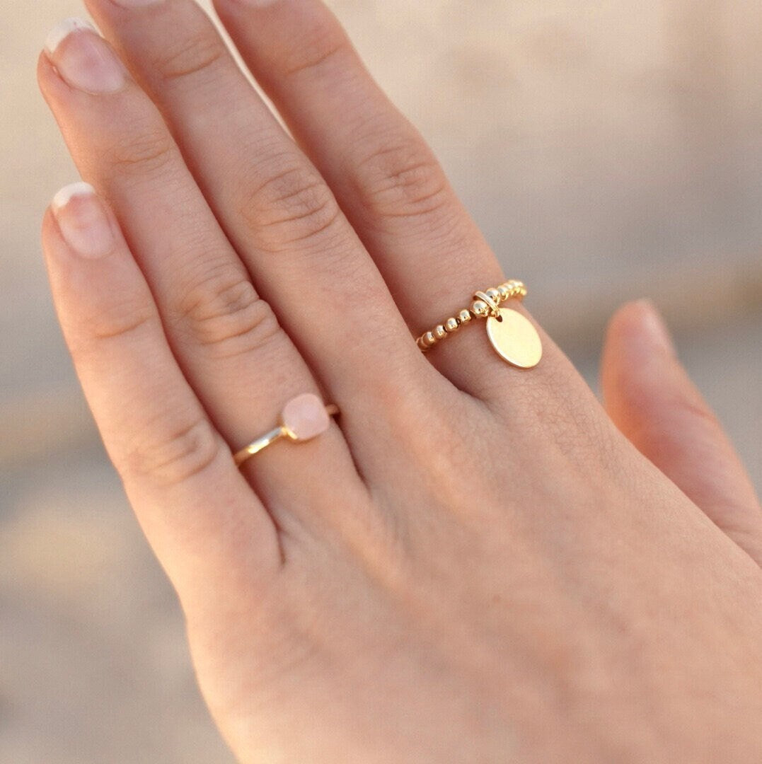 Bague femme plaqué or perles médaille / Bague réglable / Bague pampille ronde