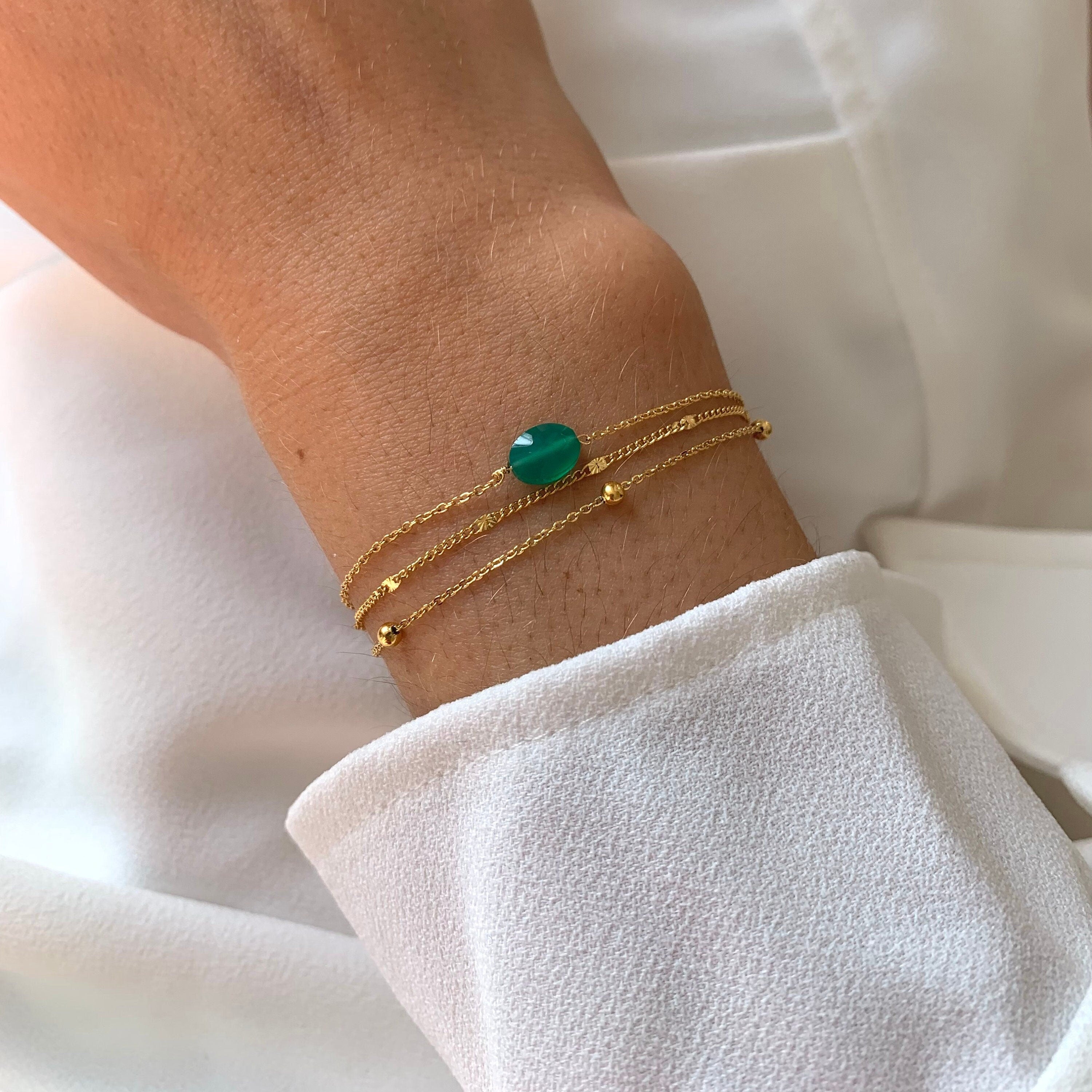 Bracelet femme acier inoxydable triple rang chaine fine pierre naturelle agate verte