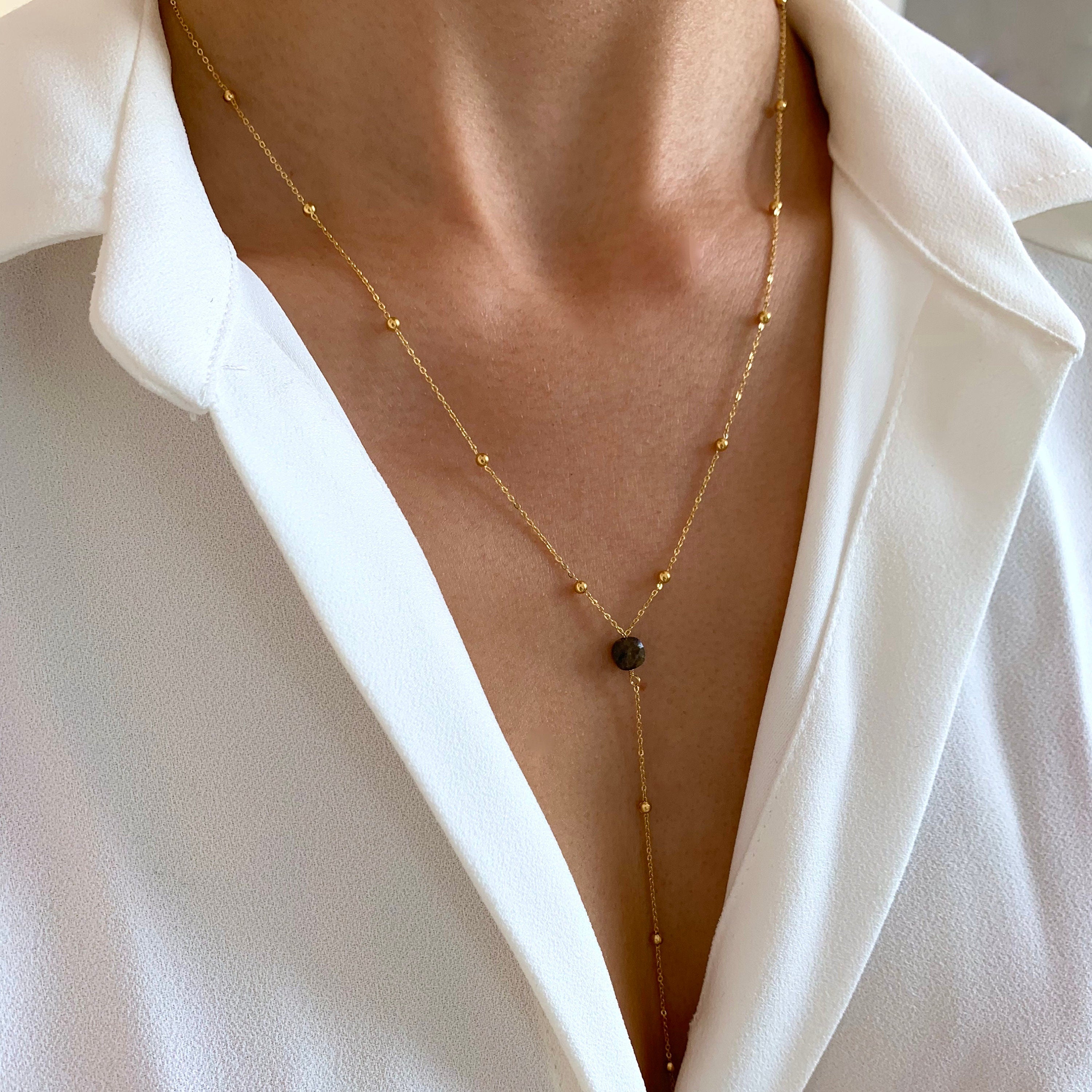 Collier fin pendentif pierre labradorite / Collier femme minimaliste chaine fine acier inoxydable