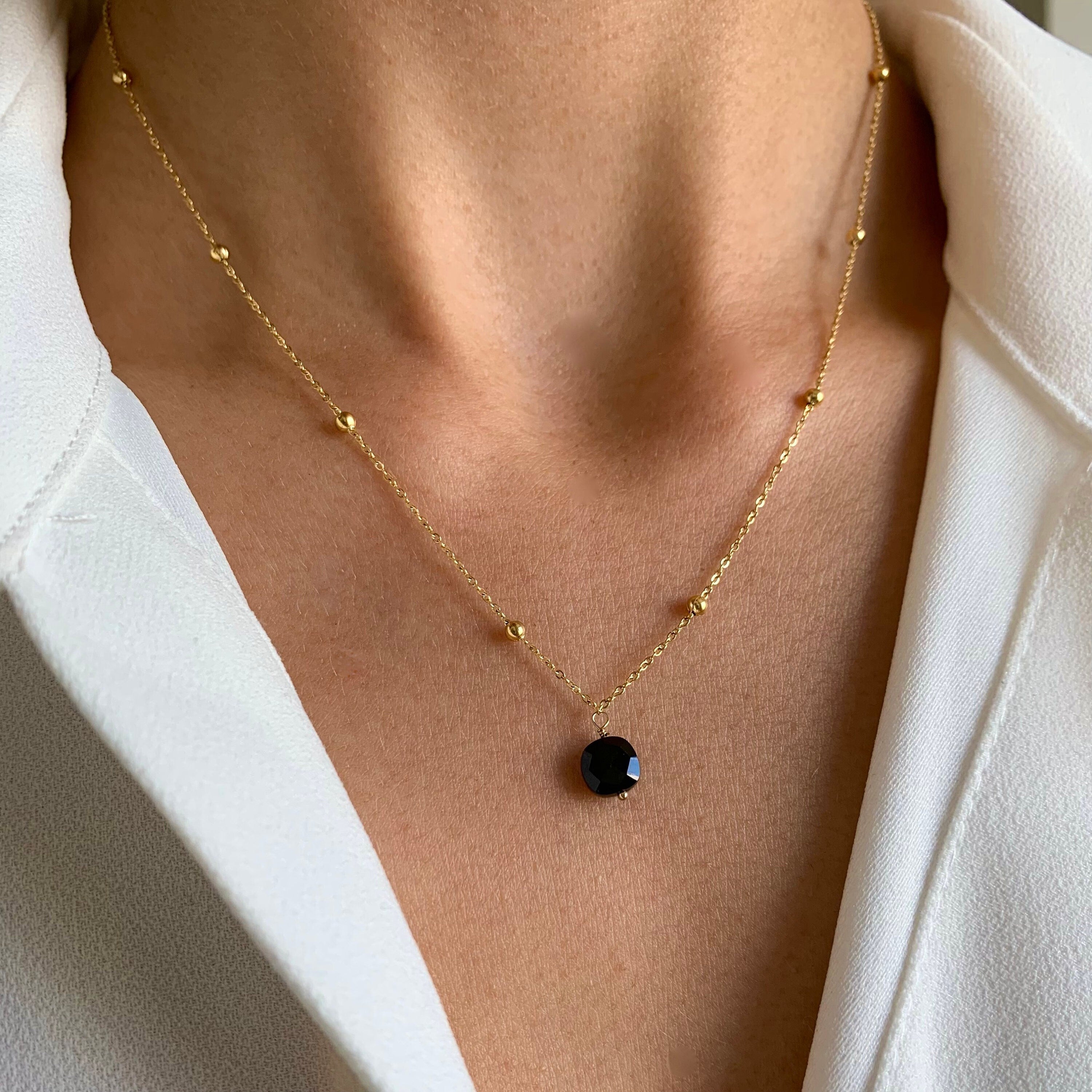 Collier acier inoxydable pendentif pierre onyx noir / Collier femme minimaliste chaine fine